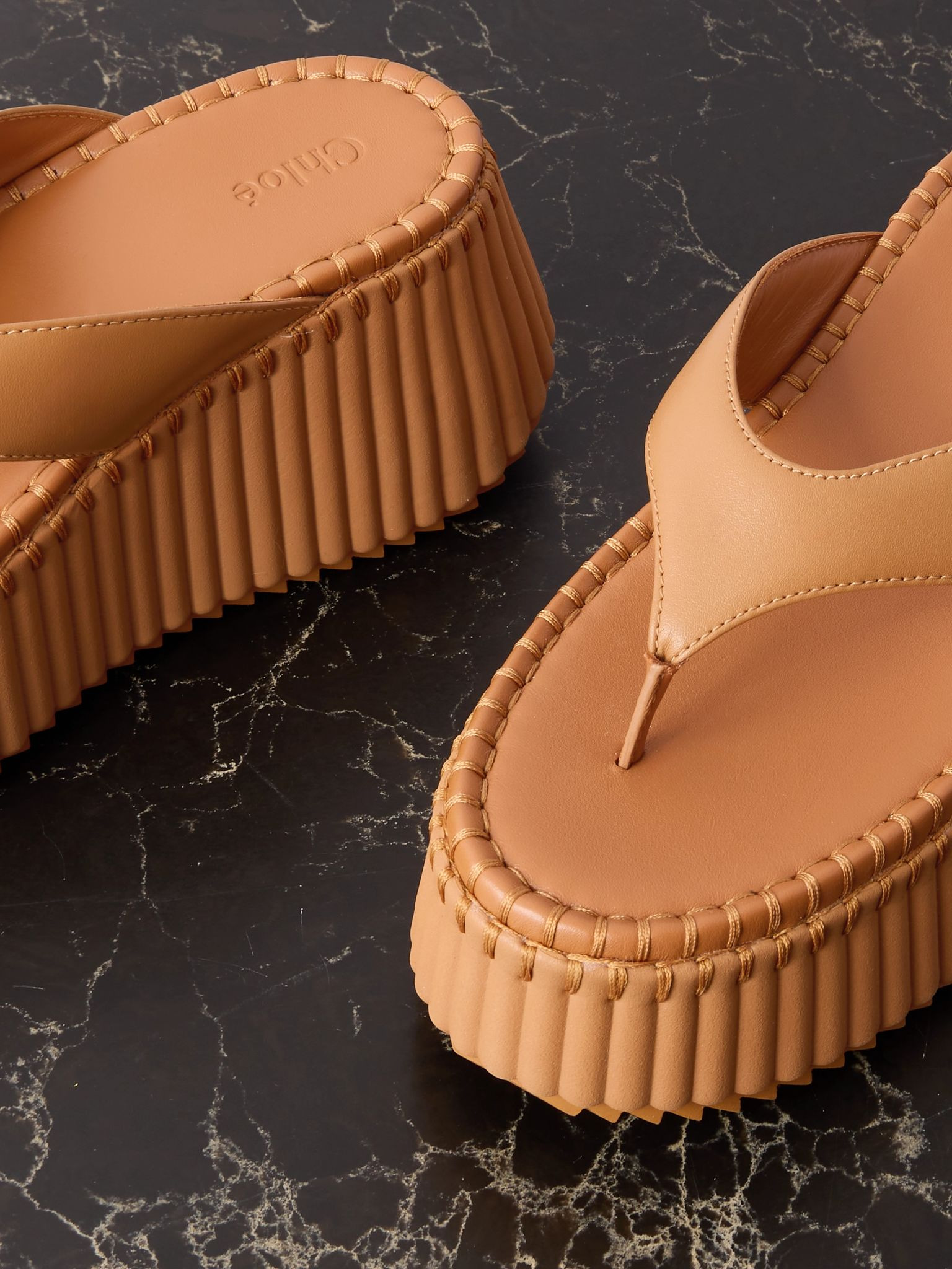 Nama leather platform flip flops Tan - 4