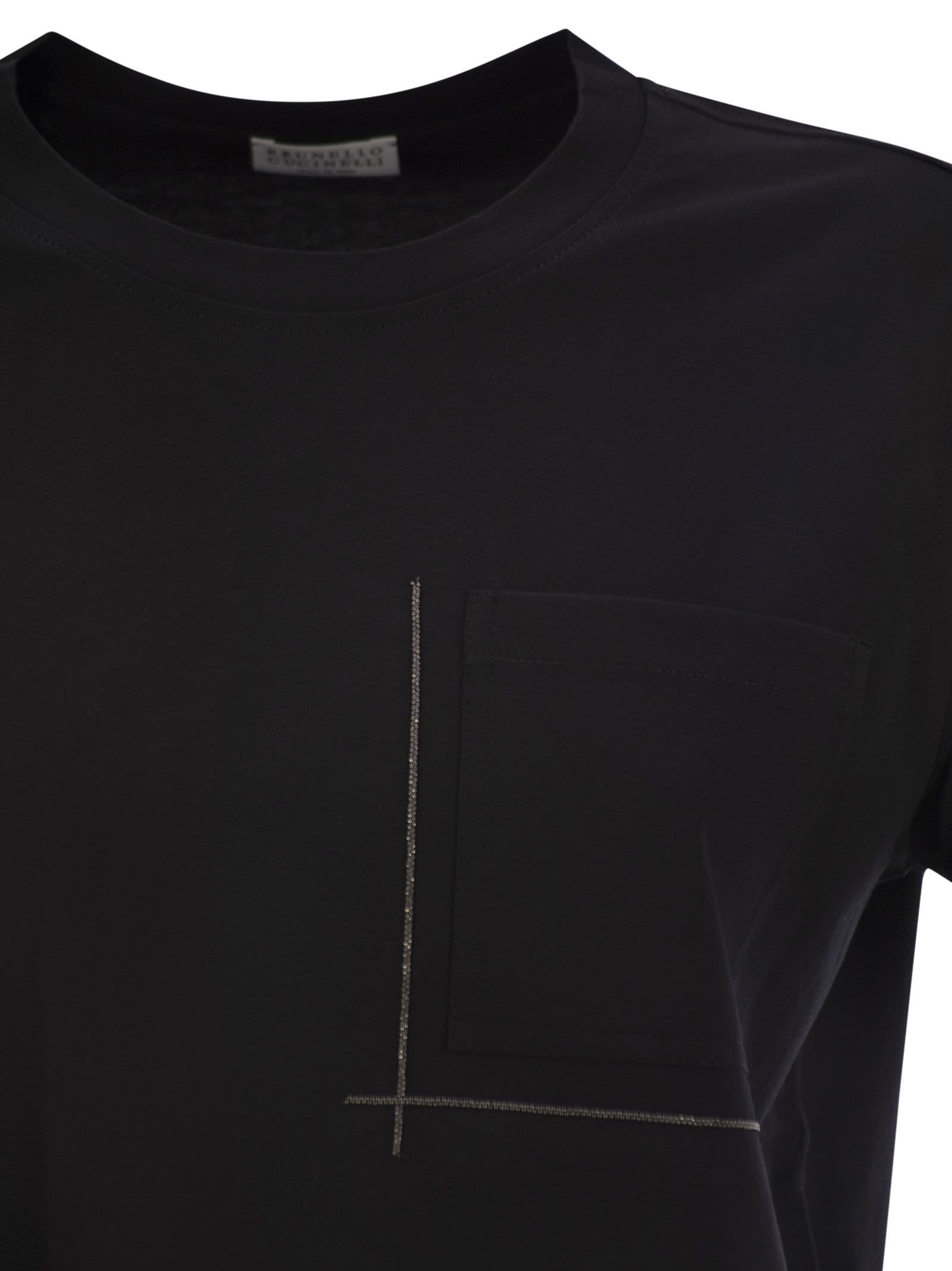 Brunello Cucinelli Women Cotton Jersey T-Shirt With Shiny Pocket Detail - 4