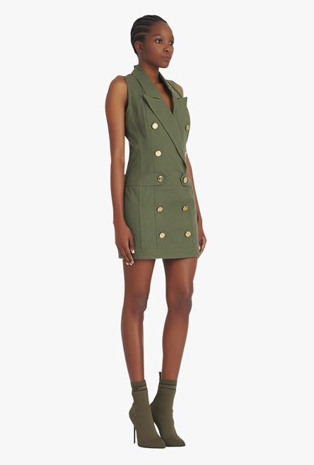 Short khaki denim dress with gold-tone double-buttoned fastening - 7