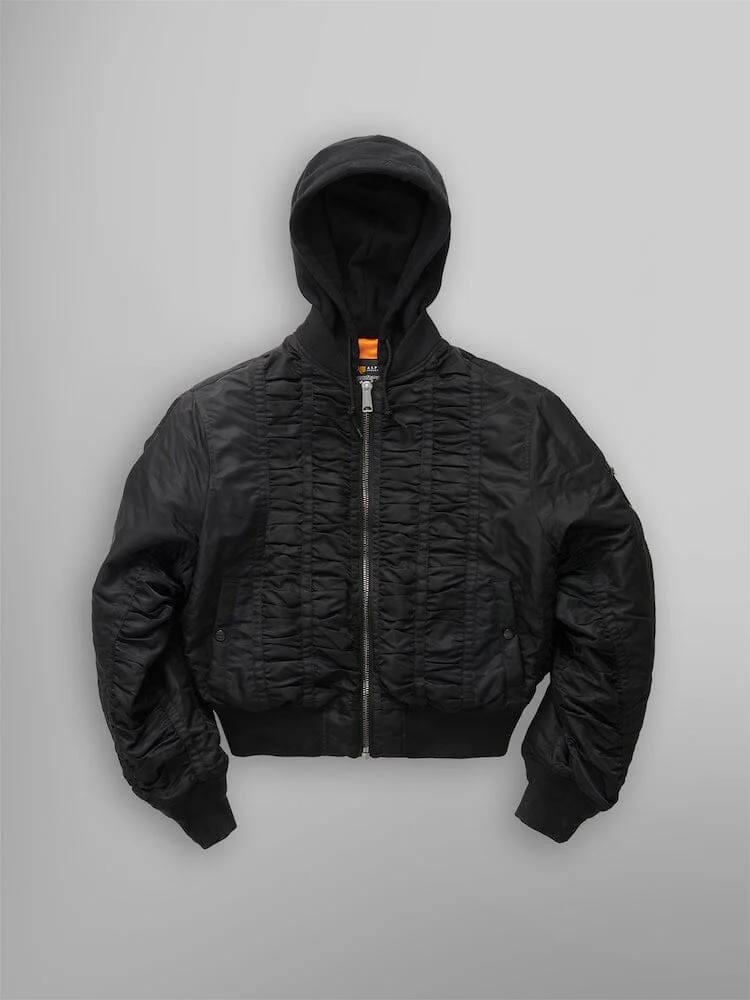 ALPHA X MADEME HOODED RUCHED MA-1 BOMBER JACKET - 1