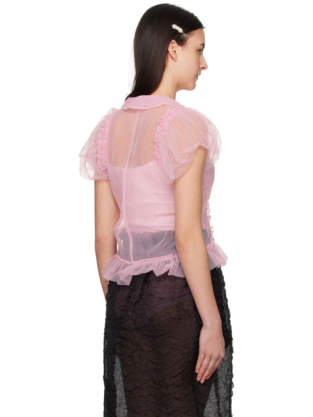 Pink Sheer Puff Sleeve Multi Ruffle Frill Shirt - 3