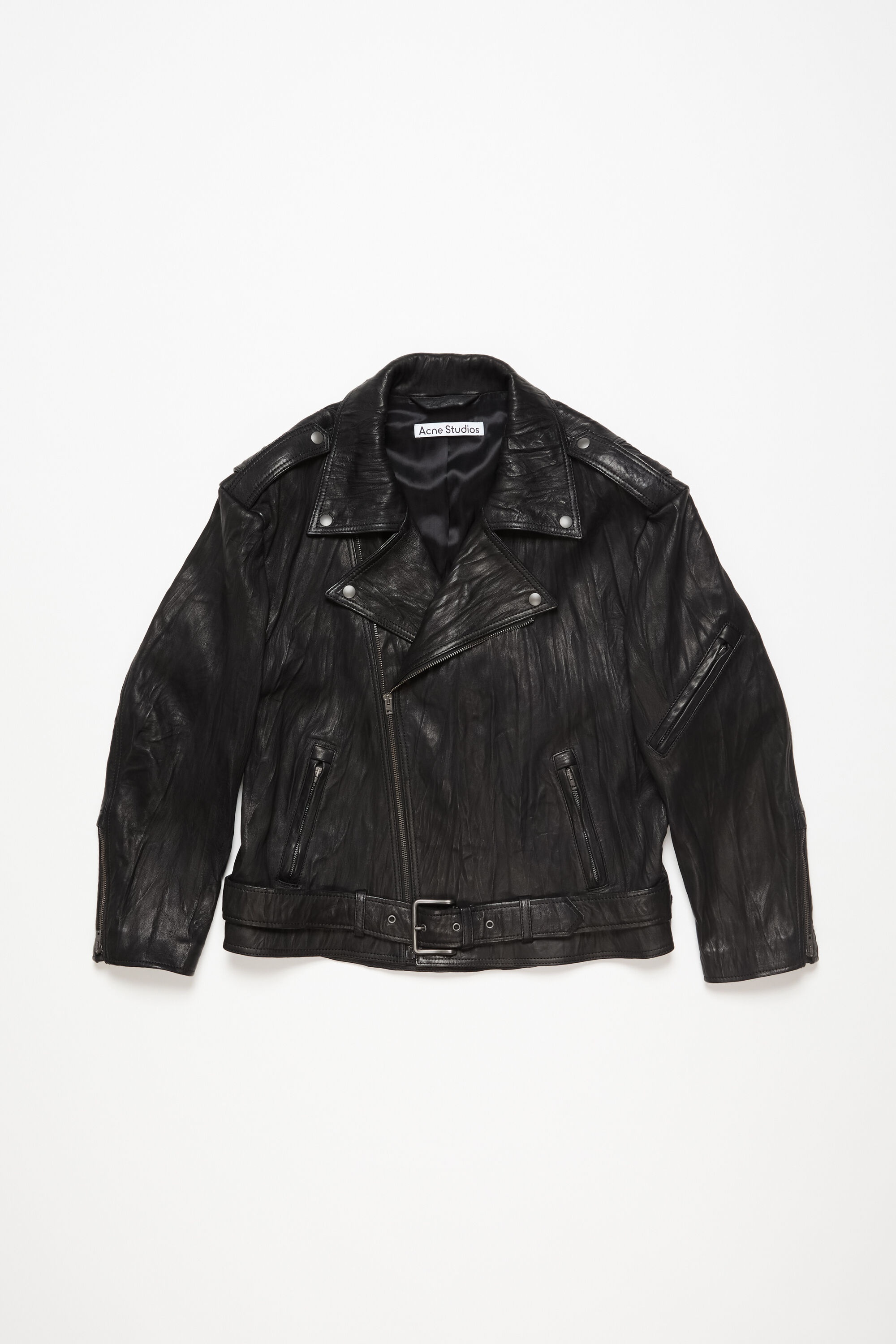 Crinkled leather biker jacket - Black - 1