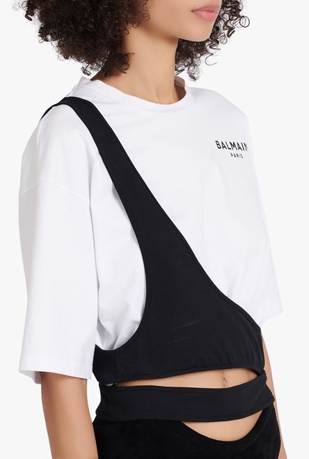 Destructured cropped white eco-designed cotton T-shirt with black Balmain logo - 6