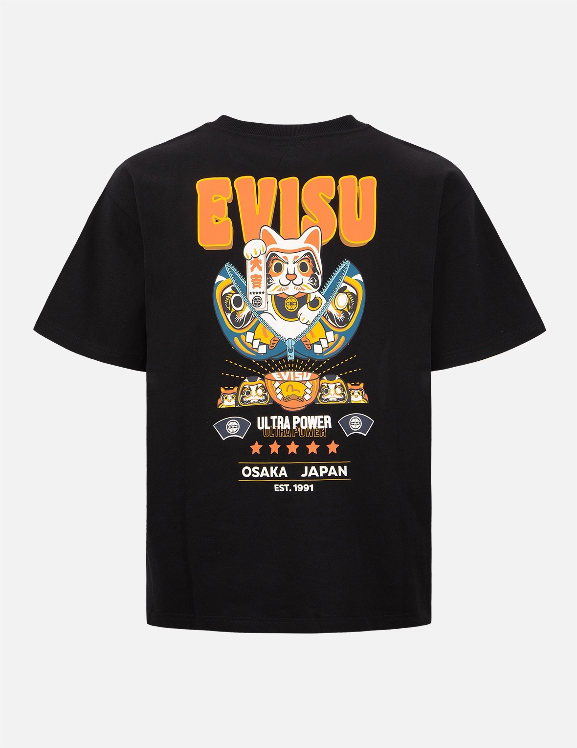 EVISU ZIP-UP DARUMA AND FORTUNE CAT PRINT T-SHIRT | REVERSIBLE