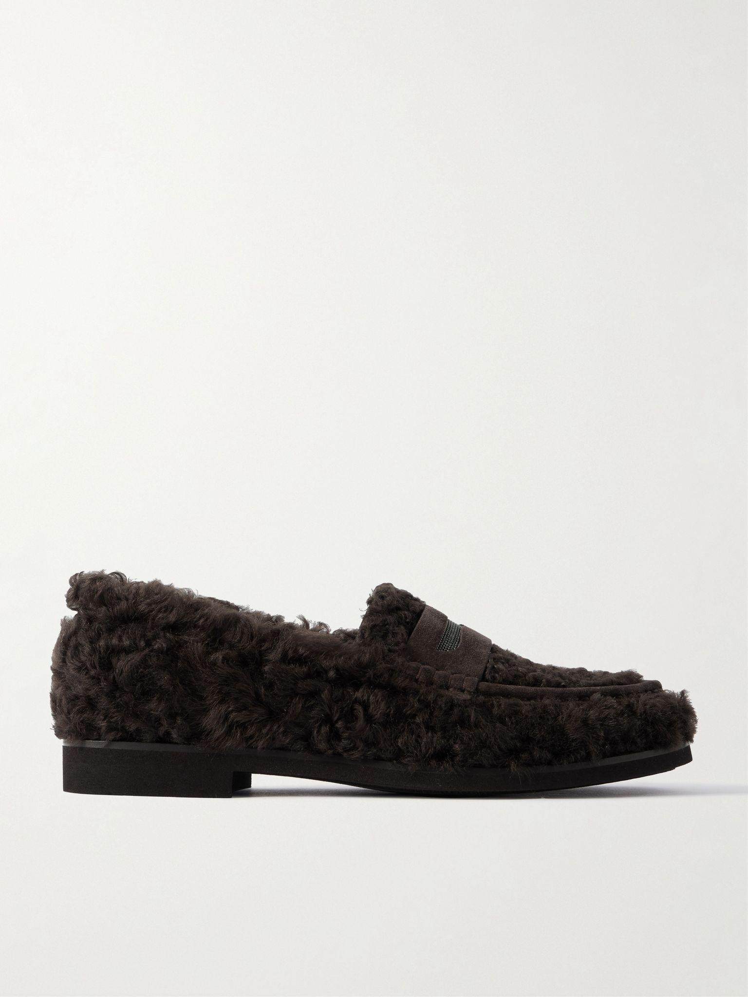 Bead-embellished suede-trimmed shearling loafers Brown - 1