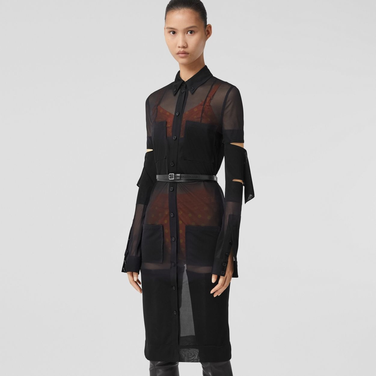 Cut-out Detail Sheer Jersey Shirt Dress - 6