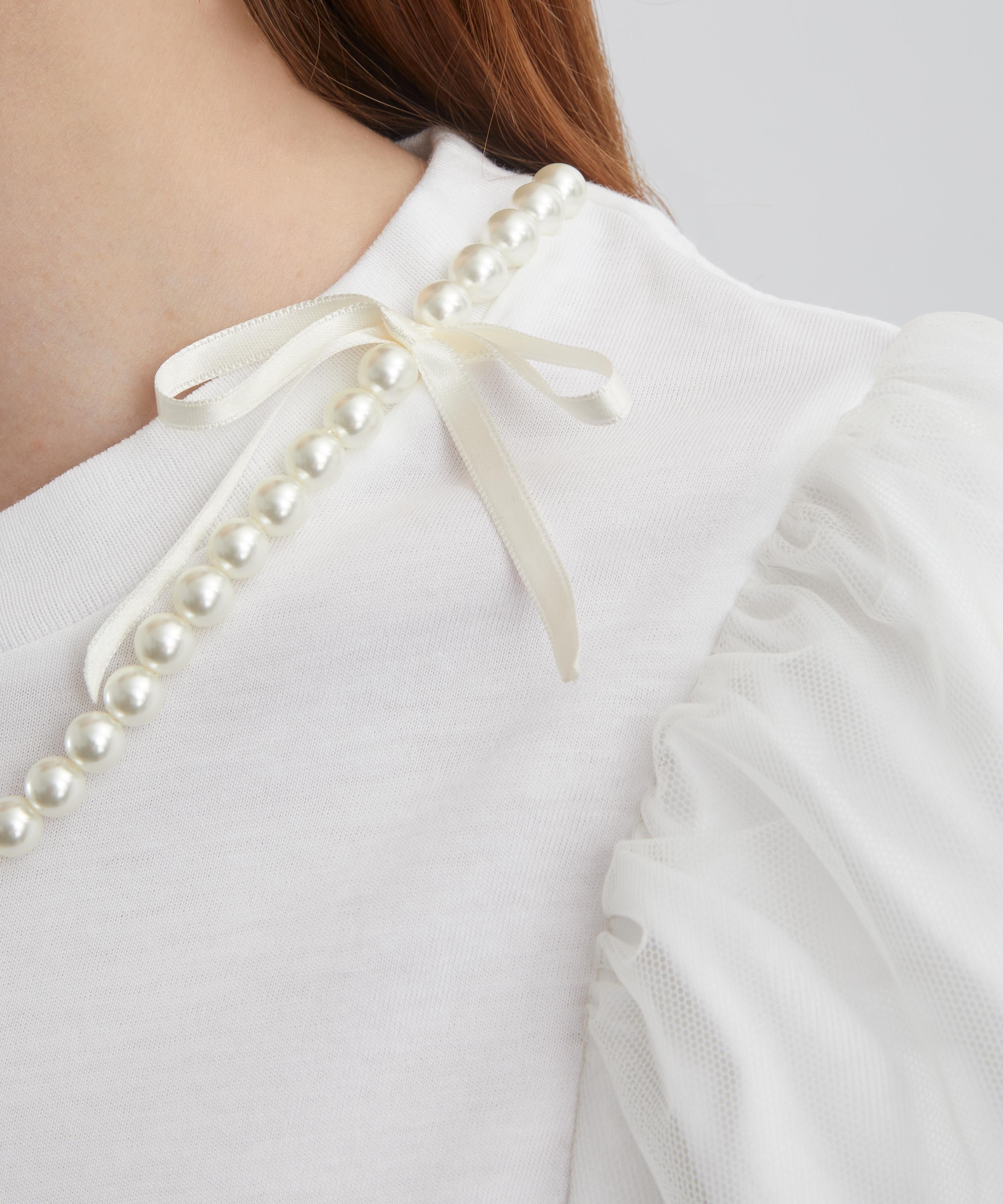 Overlay Puff-Sleeve Pearl T-Shirt - 5