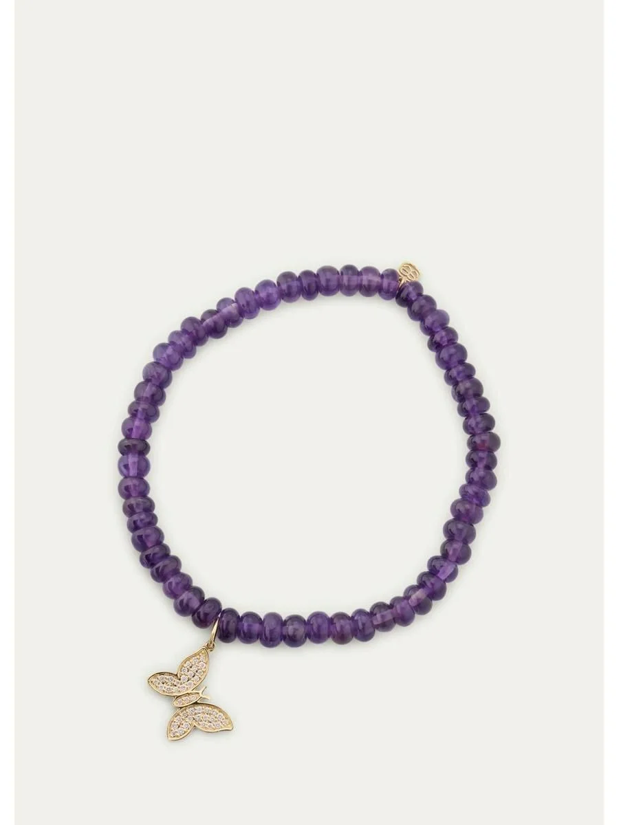 14K Mini Diamond Pave Butterfly on Amethyst Stretch Bracelet - 1