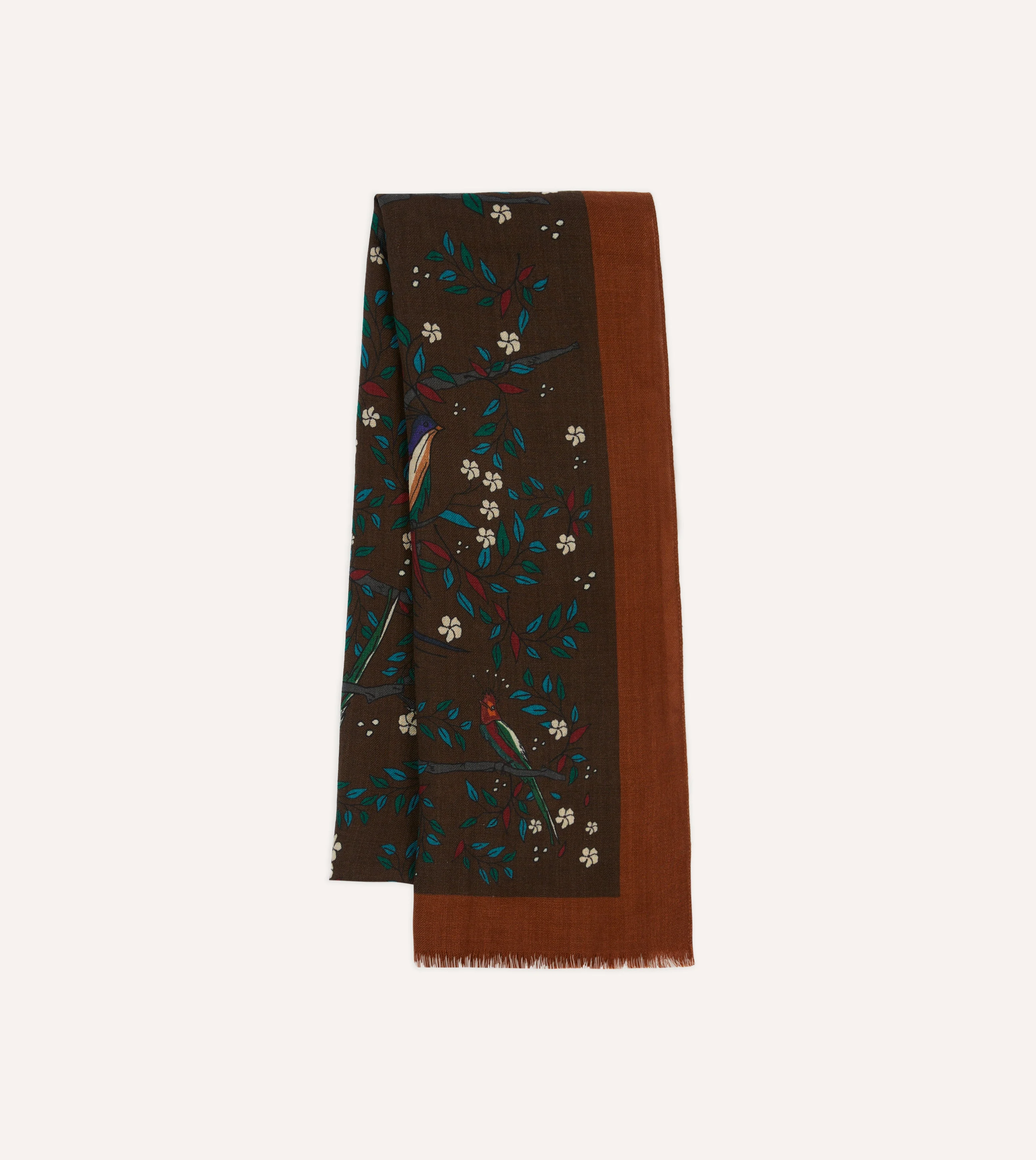 Brown Birds of Paradise Print Wool Scarf - 1