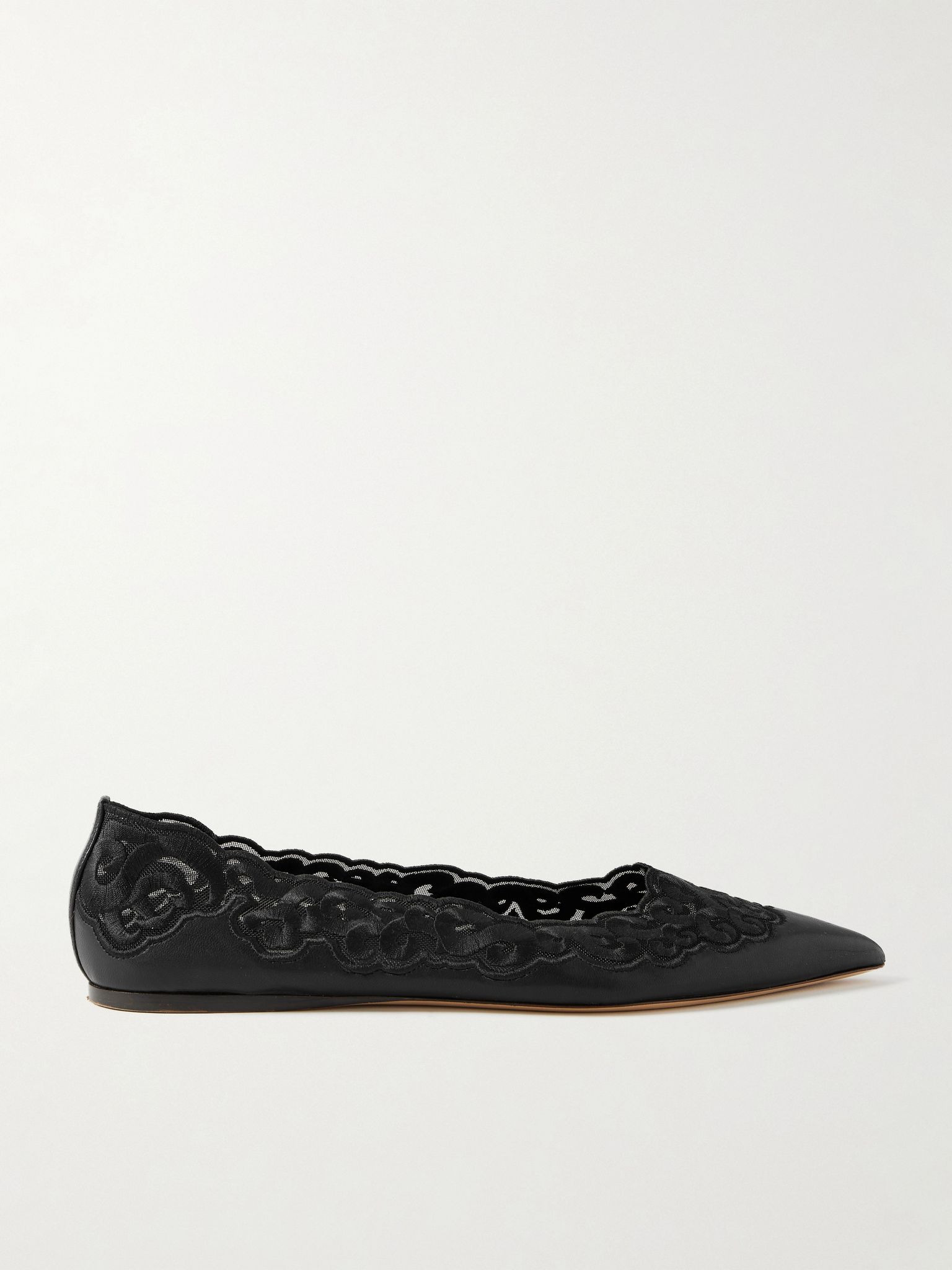 Ziva leather and embroidered tulle point-toe flats Black - 1
