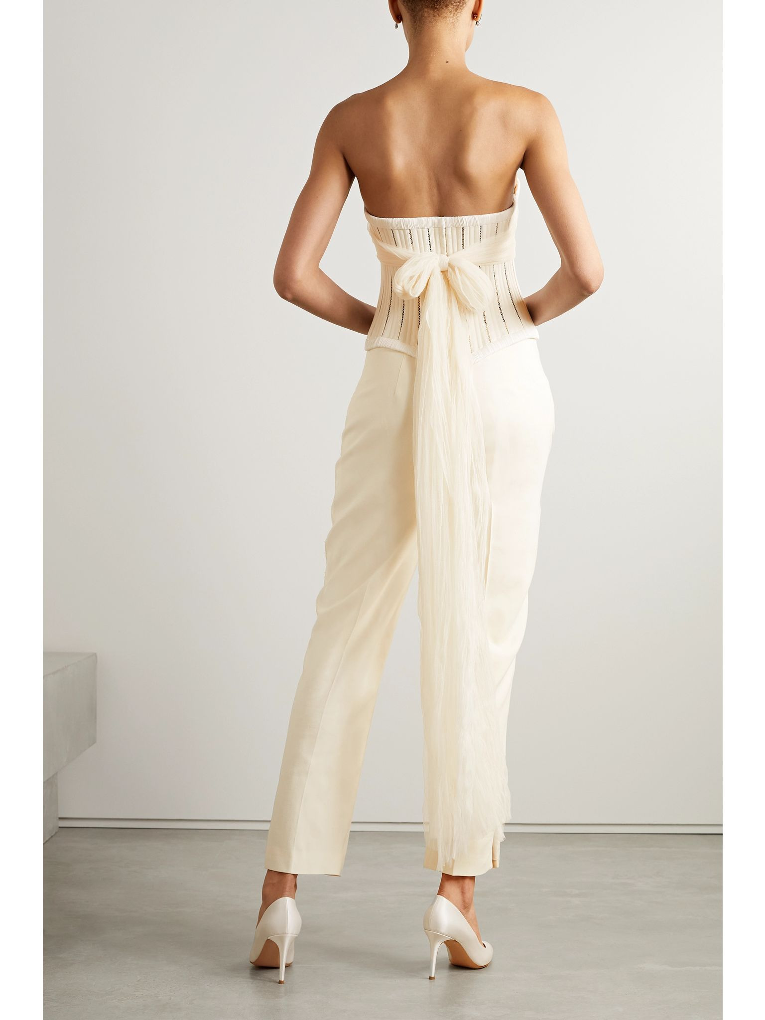 Anika strapless cotton-blend twill, tulle and plissé-satin bustier top White - 4