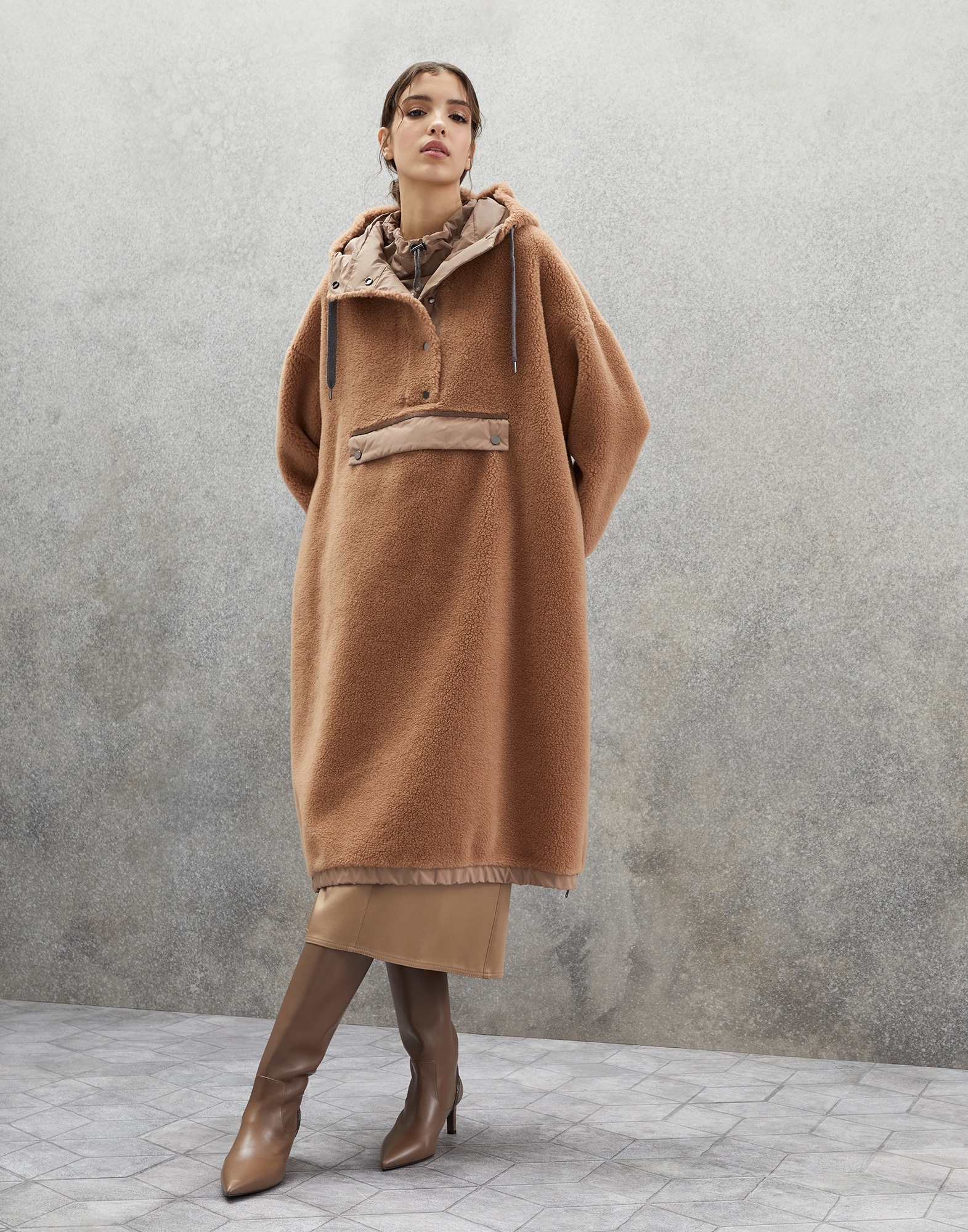 Brunello Cucinelli Shearling Zip-Front Hooded Poncho