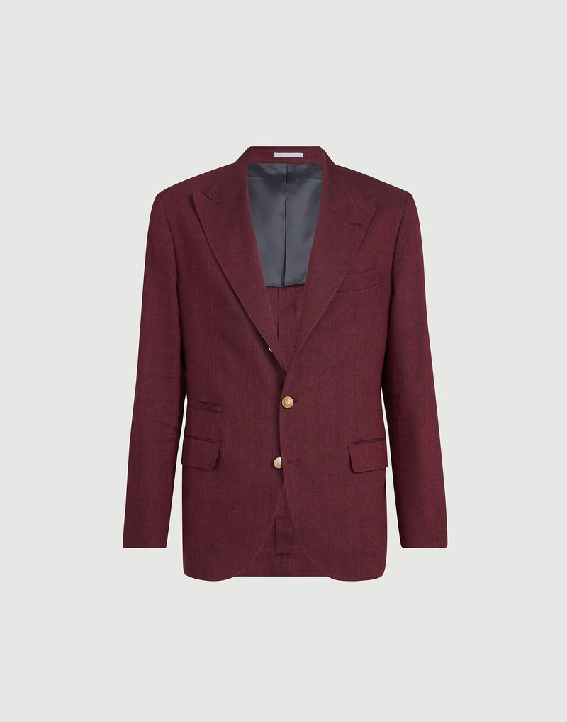 Linen and virgin wool chevron deconstructed blazer with peak lapels and metal buttons 1
