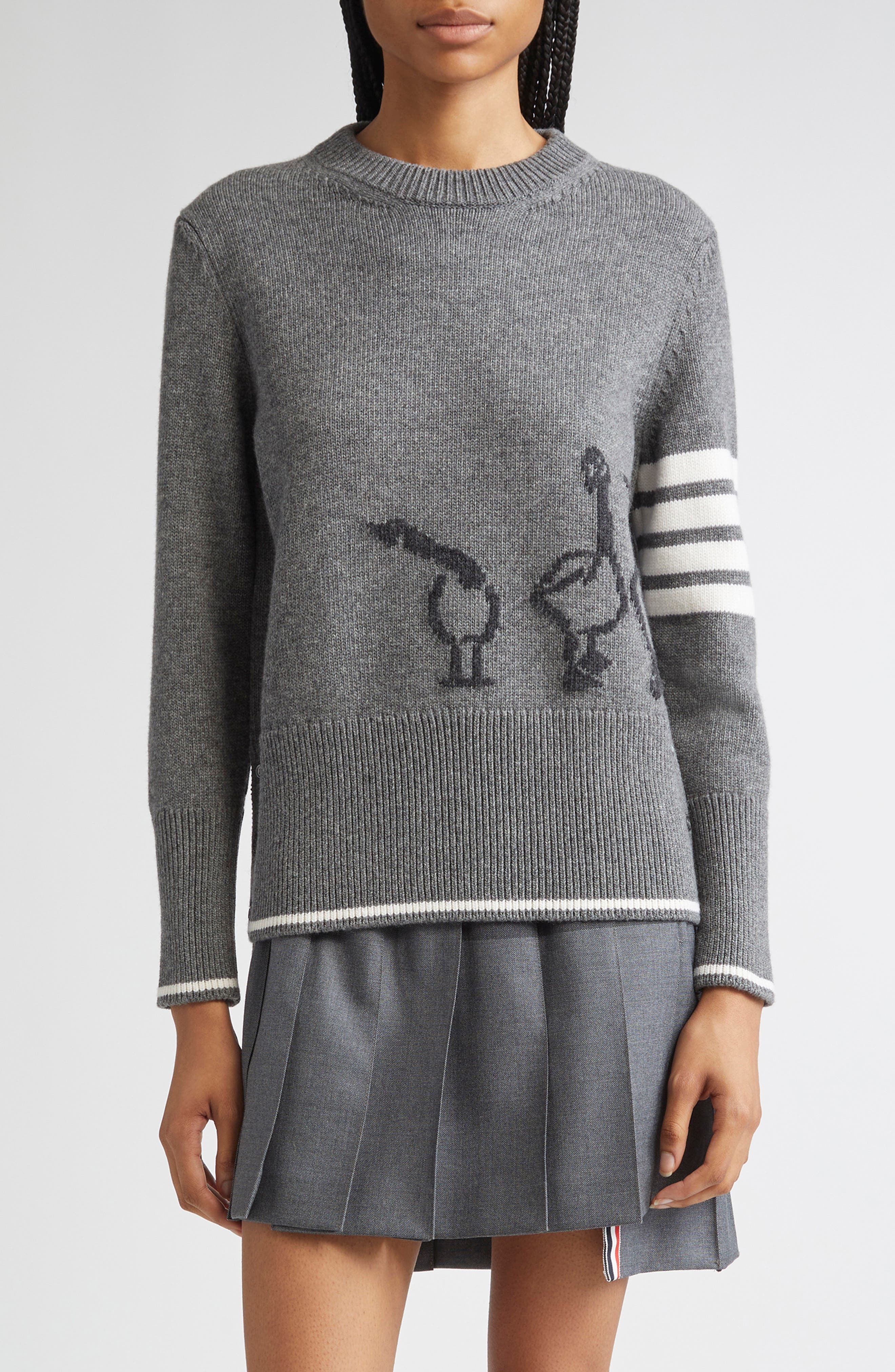 Thom Browne Geese Intarsia Boxy Virgin Wool Crewneck Sweater in Medium Grey at Nordstrom - 1