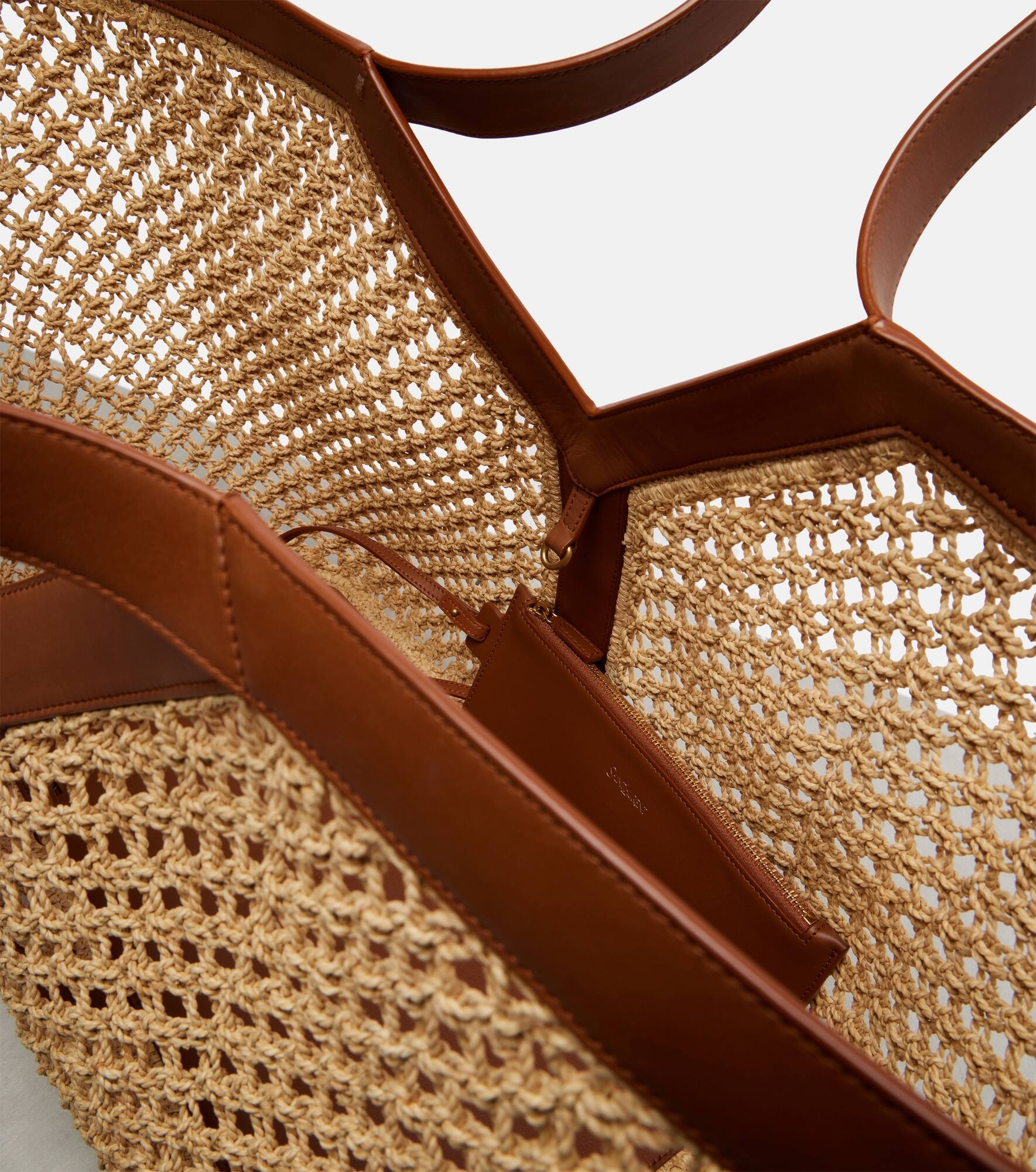 Y leather-trimmed raffia shopper - 3