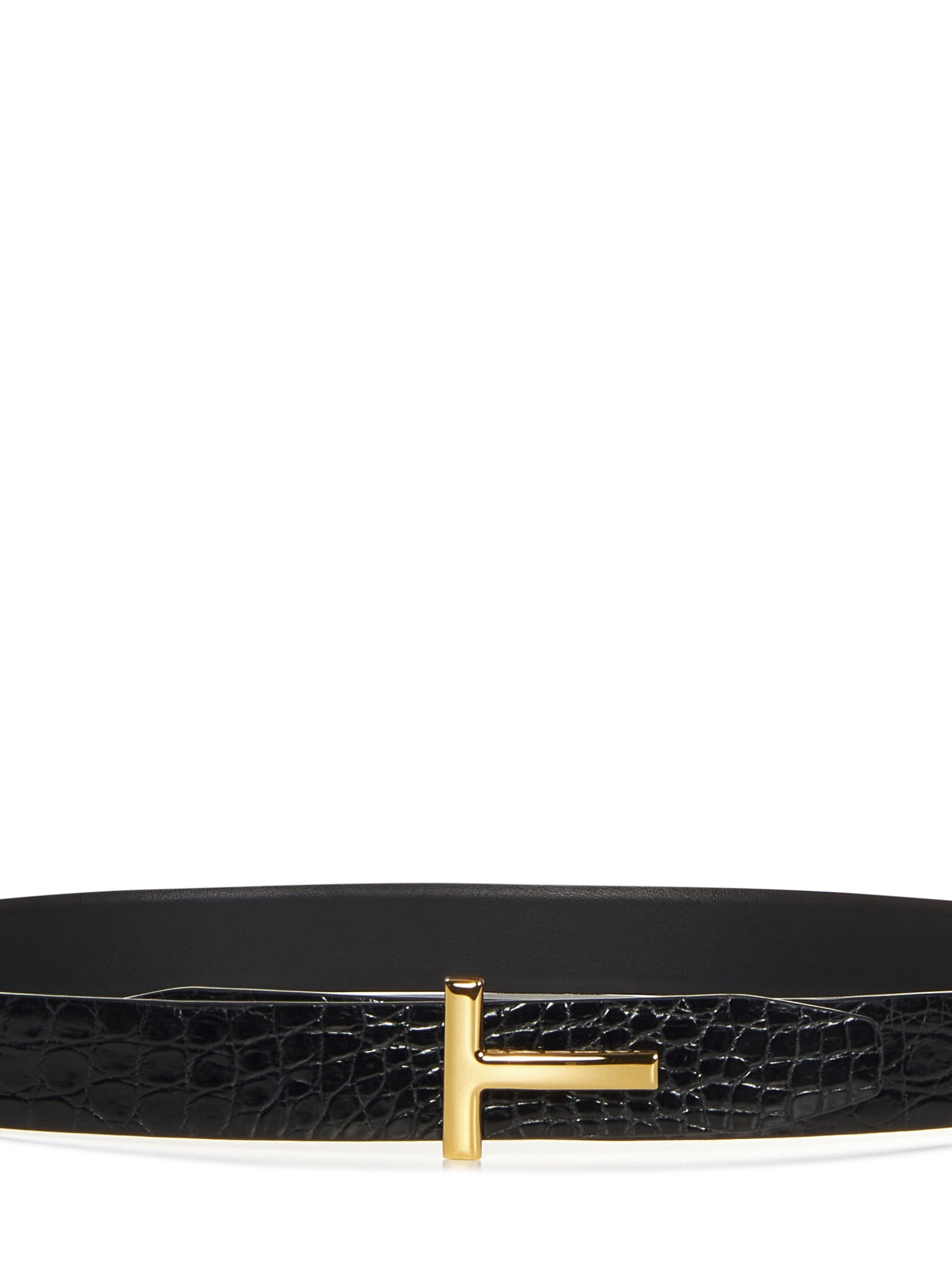 Reversible belt in black caiman leather and smooth leather with T-buckle. - 2
