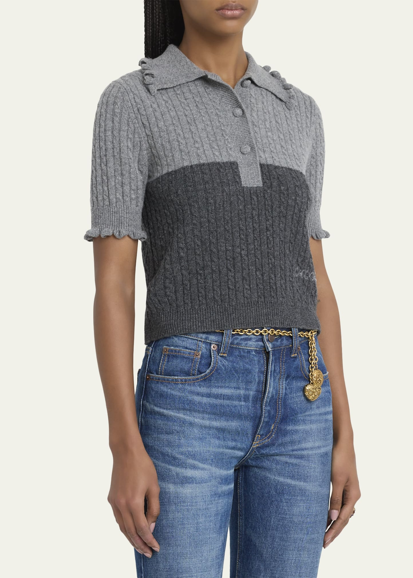 Bicolor Ruffle-Trim Short-Sleeve Polo Sweater - 4