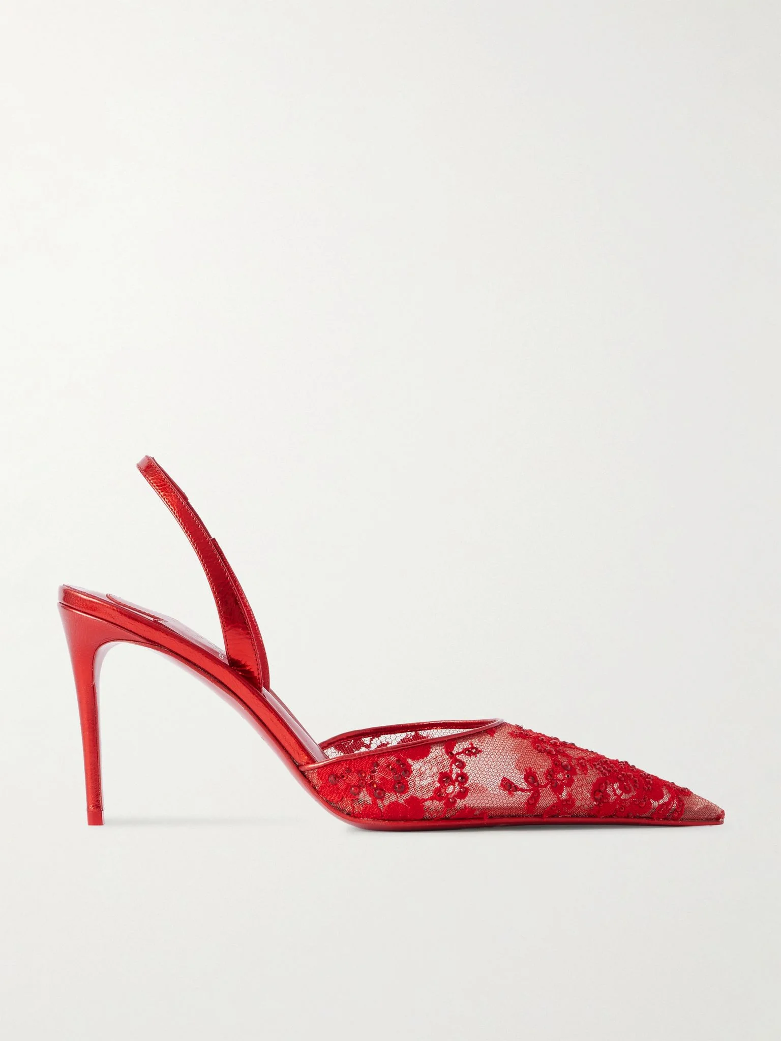 Kate Max metallic leather-trimmed crystal-embellished lace slingback sandals Red - 1