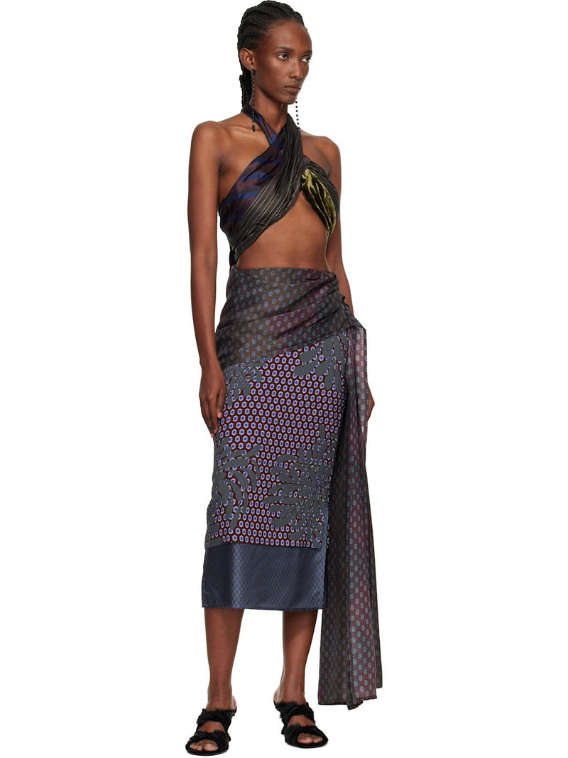 Dries Van Noten Burgundy & Green Layered Tie Motif Midi Skirt outlook