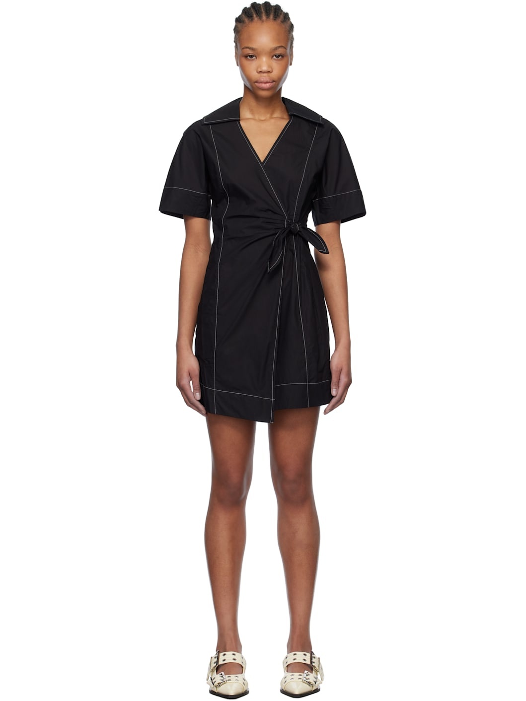 Black Cotton Poplin Wrap Minidress - 1