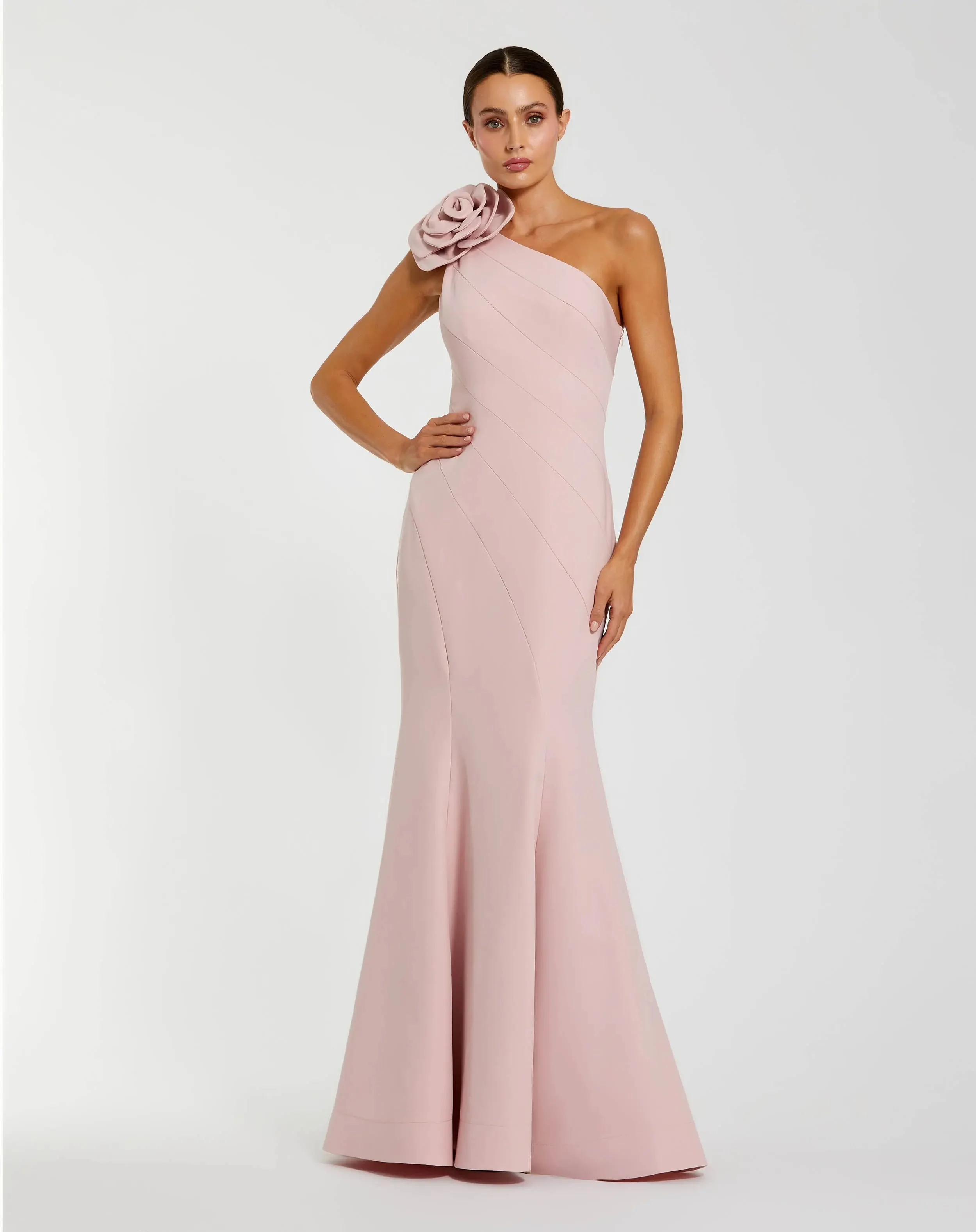 Blush One Shoulder Mermaid Gown With 3D Flower - 1