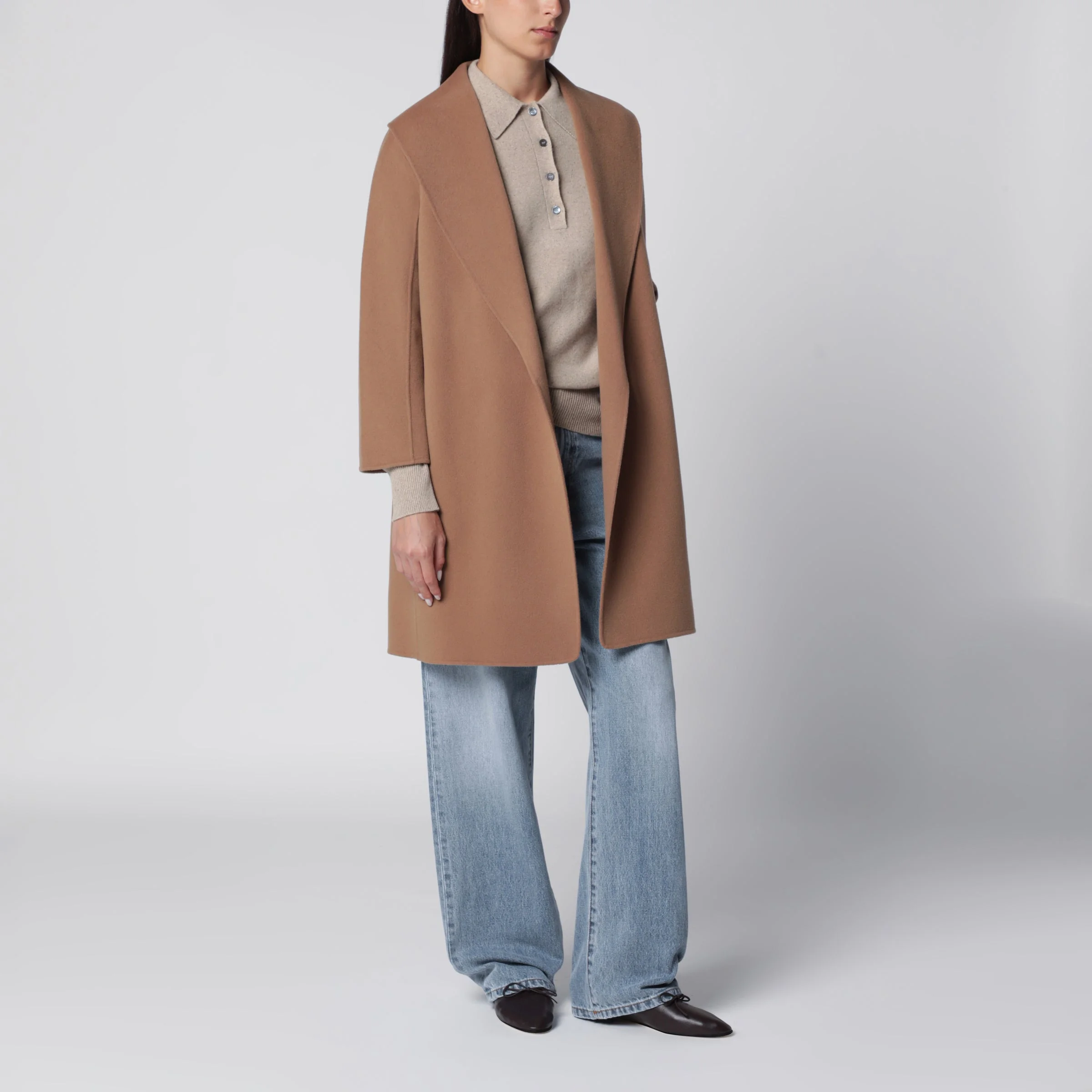 Camel Double Wool Wrap Coat - 1