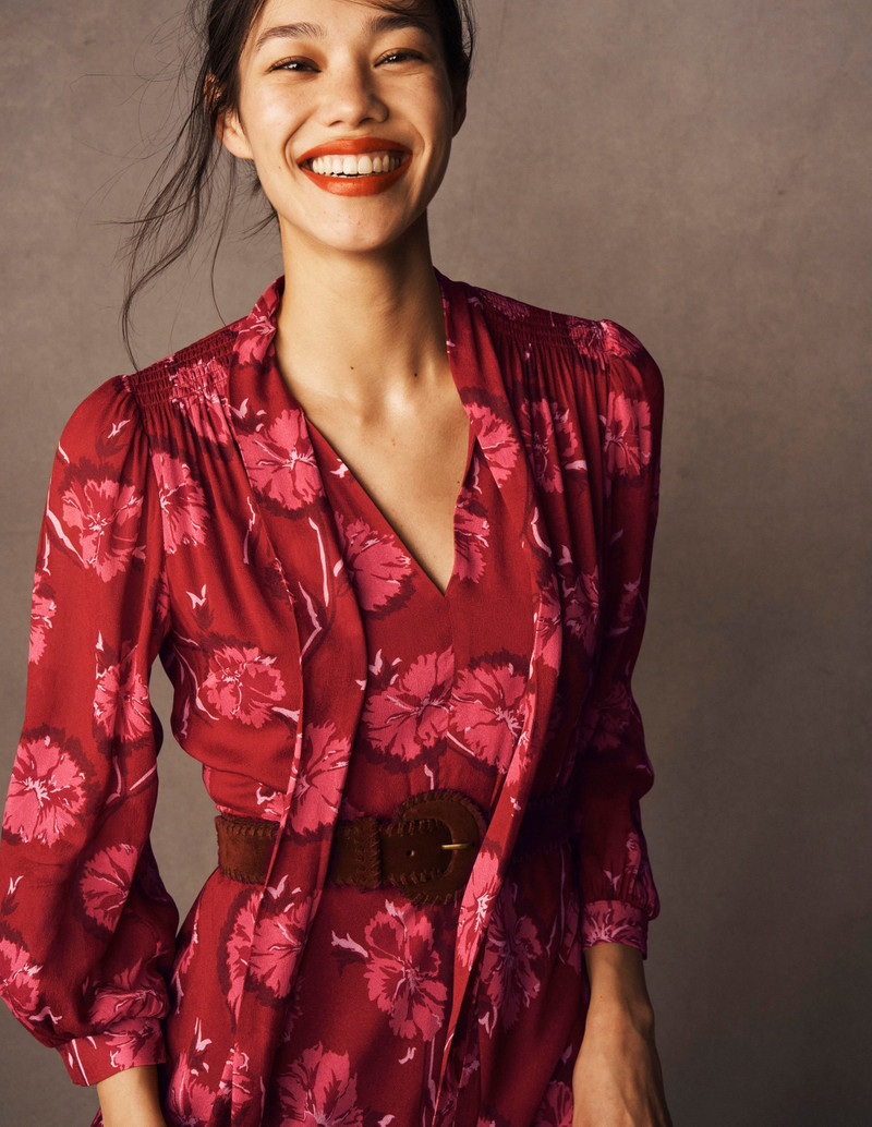 Brooke Tie Neck Tea Dress-Cranberry Red, Delicate Vine 6