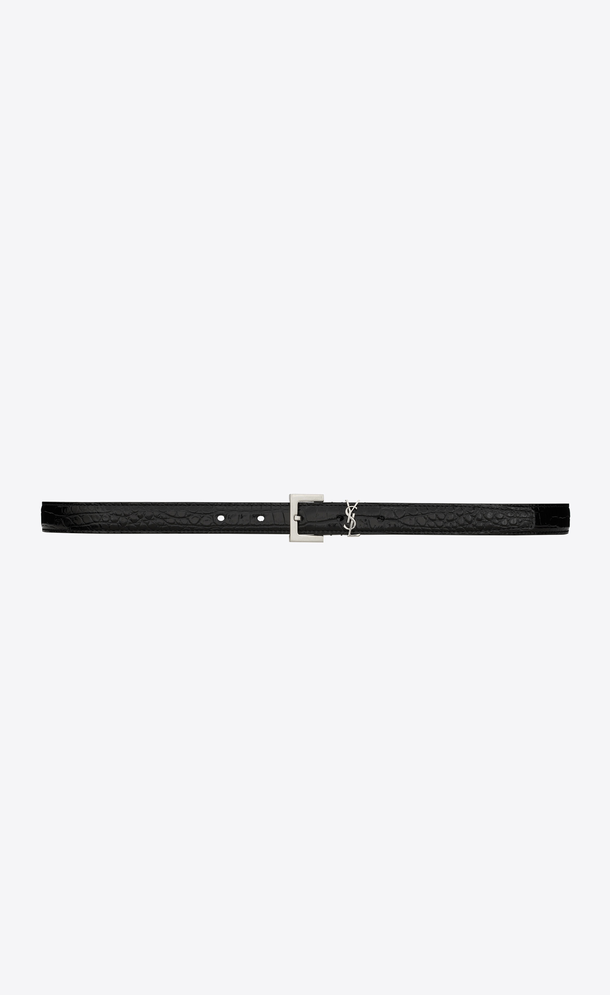 monogram thin belt with square buckle in shiny crocodile-embossed leather - 1