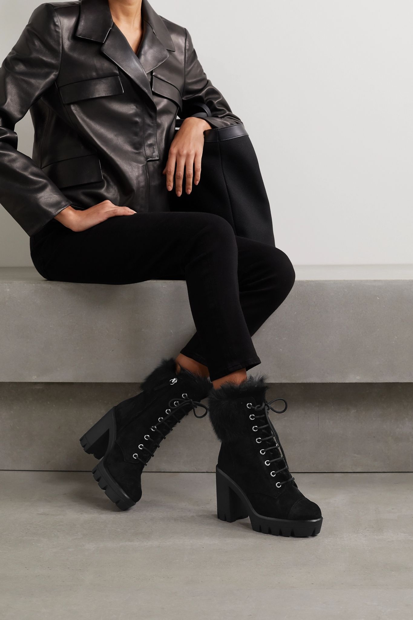 Shearling-trimmed suede platform ankle boots - 2