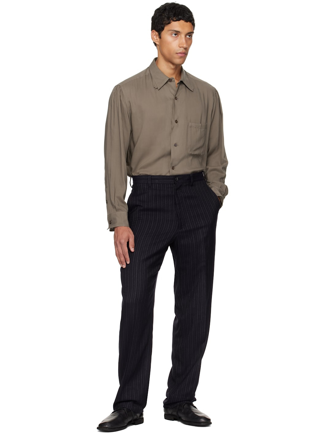 Khaki Cellulose Lawn 3Collar Sleeve Gather Shirt - 5