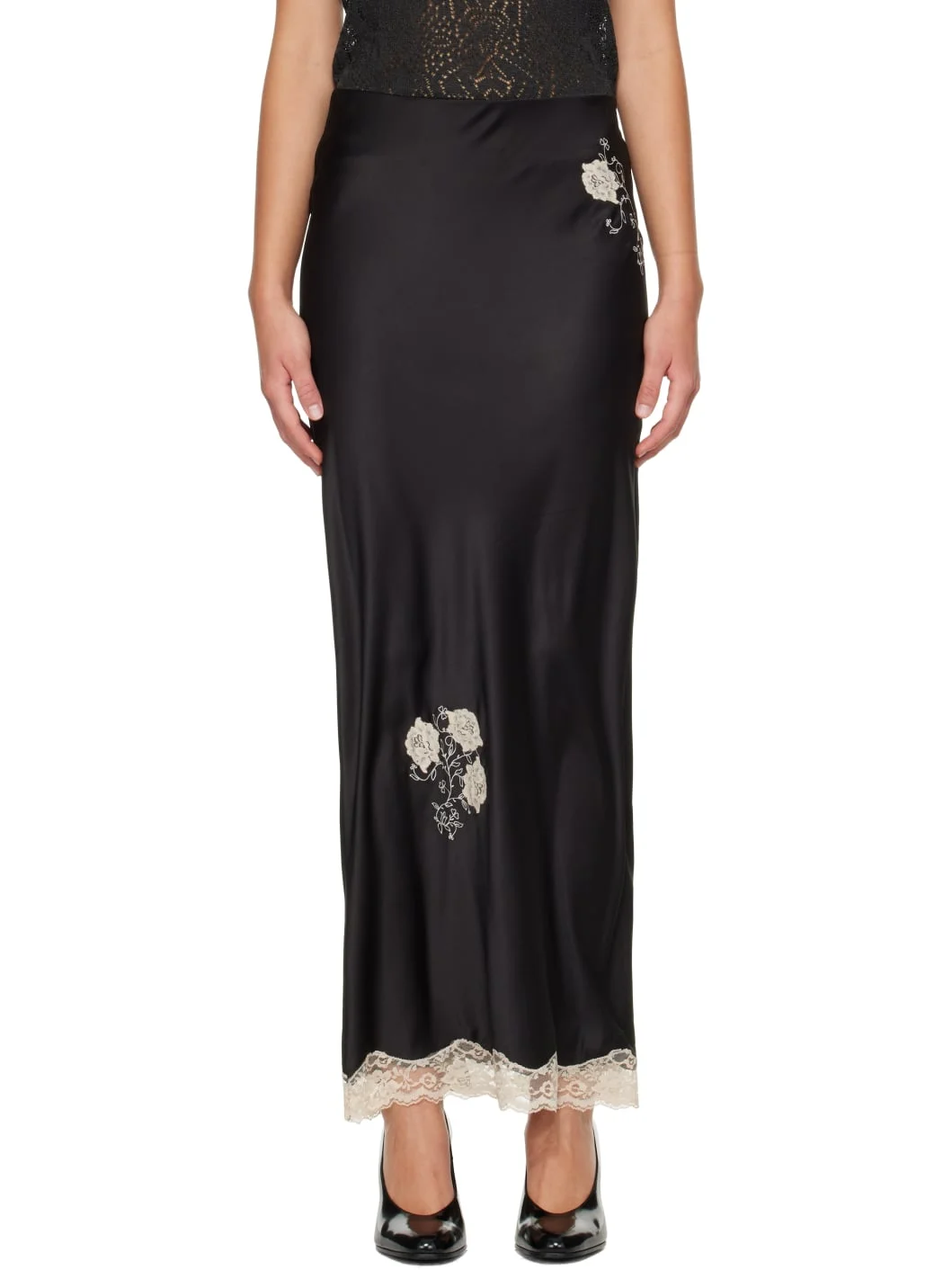 Black Lingerie Satin Maxi Skirt - 1