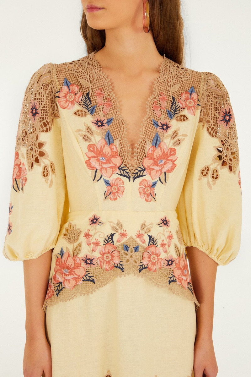 Butter Yellow Embroidered Lenzing Ecovero Euroflax Midi Dress 4