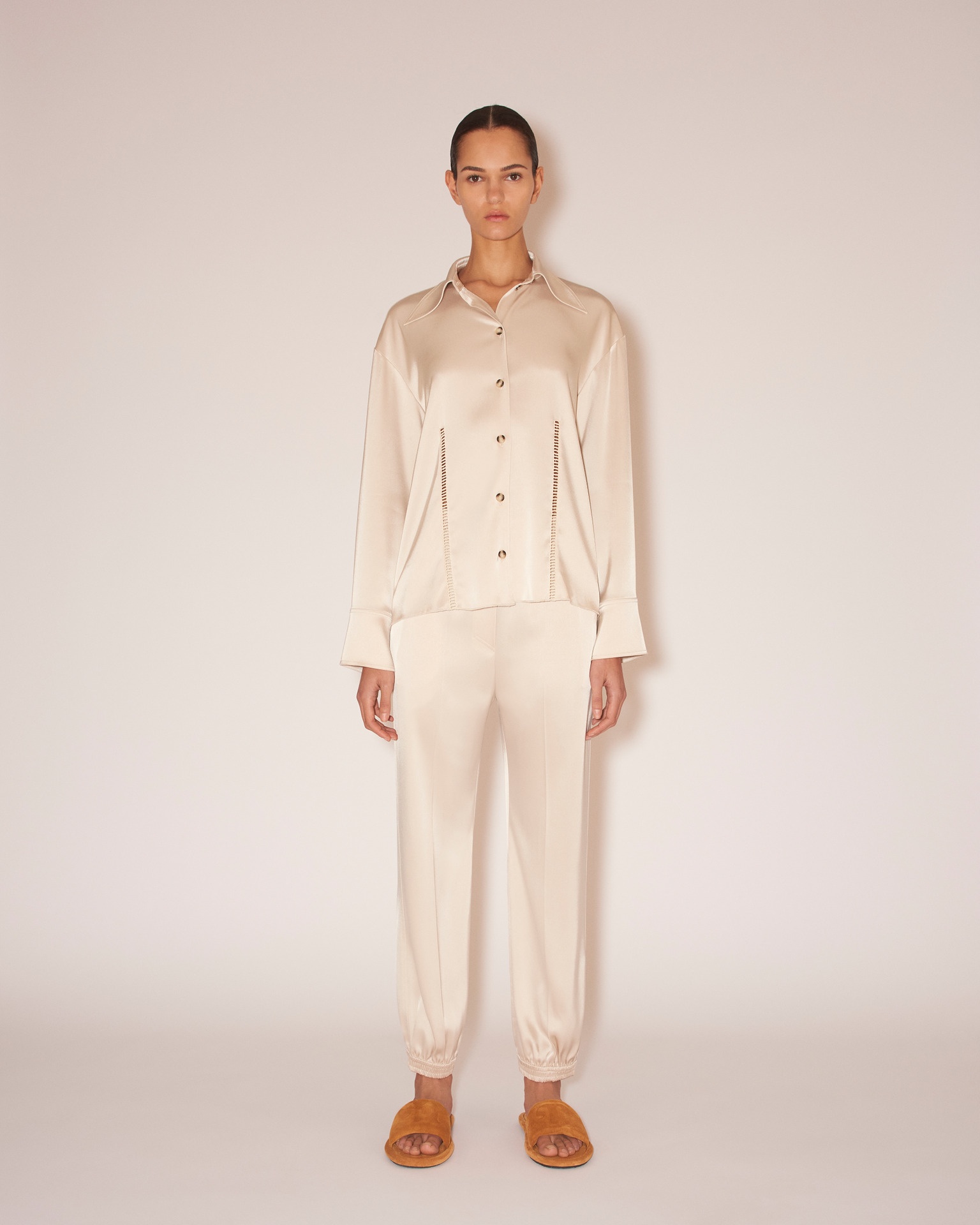 CAIO - Slip-satin ladder-stitch shirt - Creme - 3