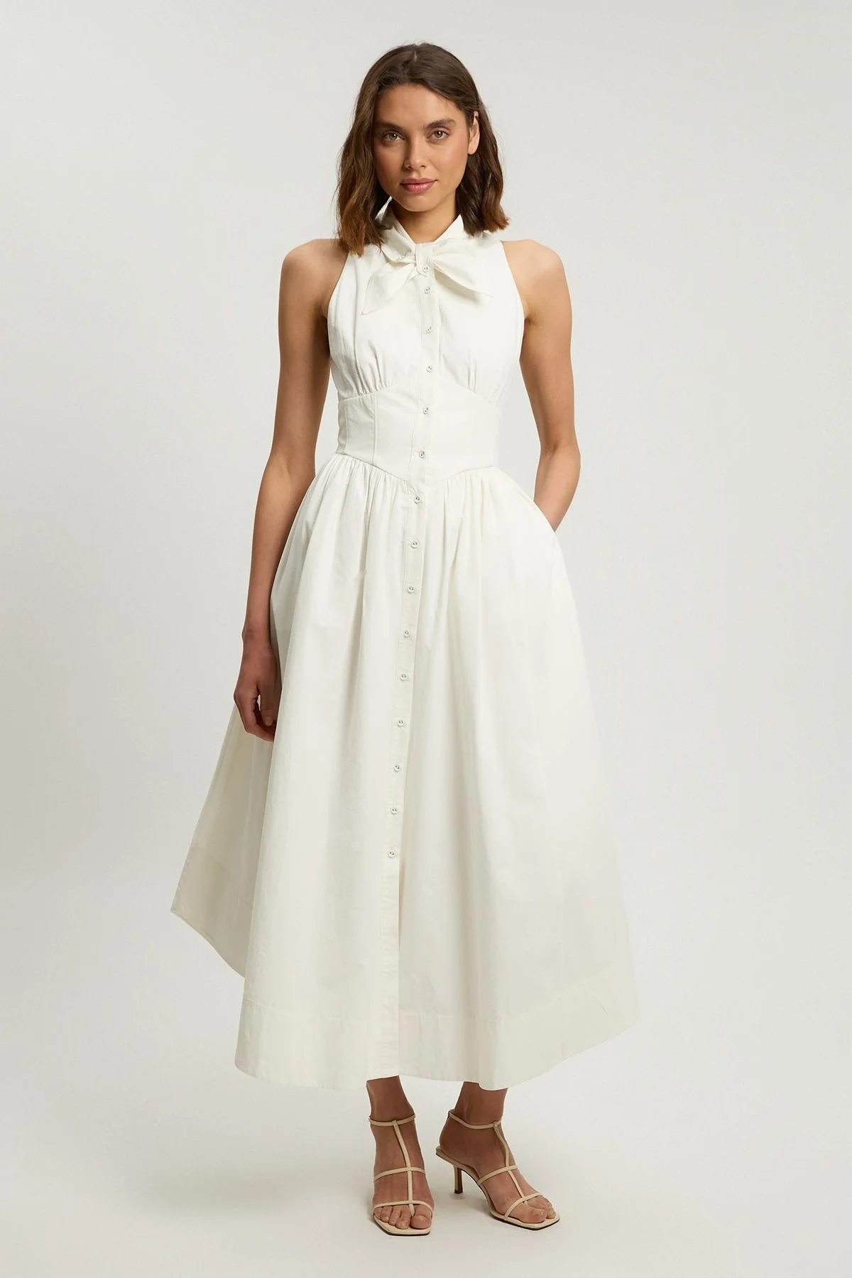 Petite Cotton Poplin Tie Neck Midi Dress - 1