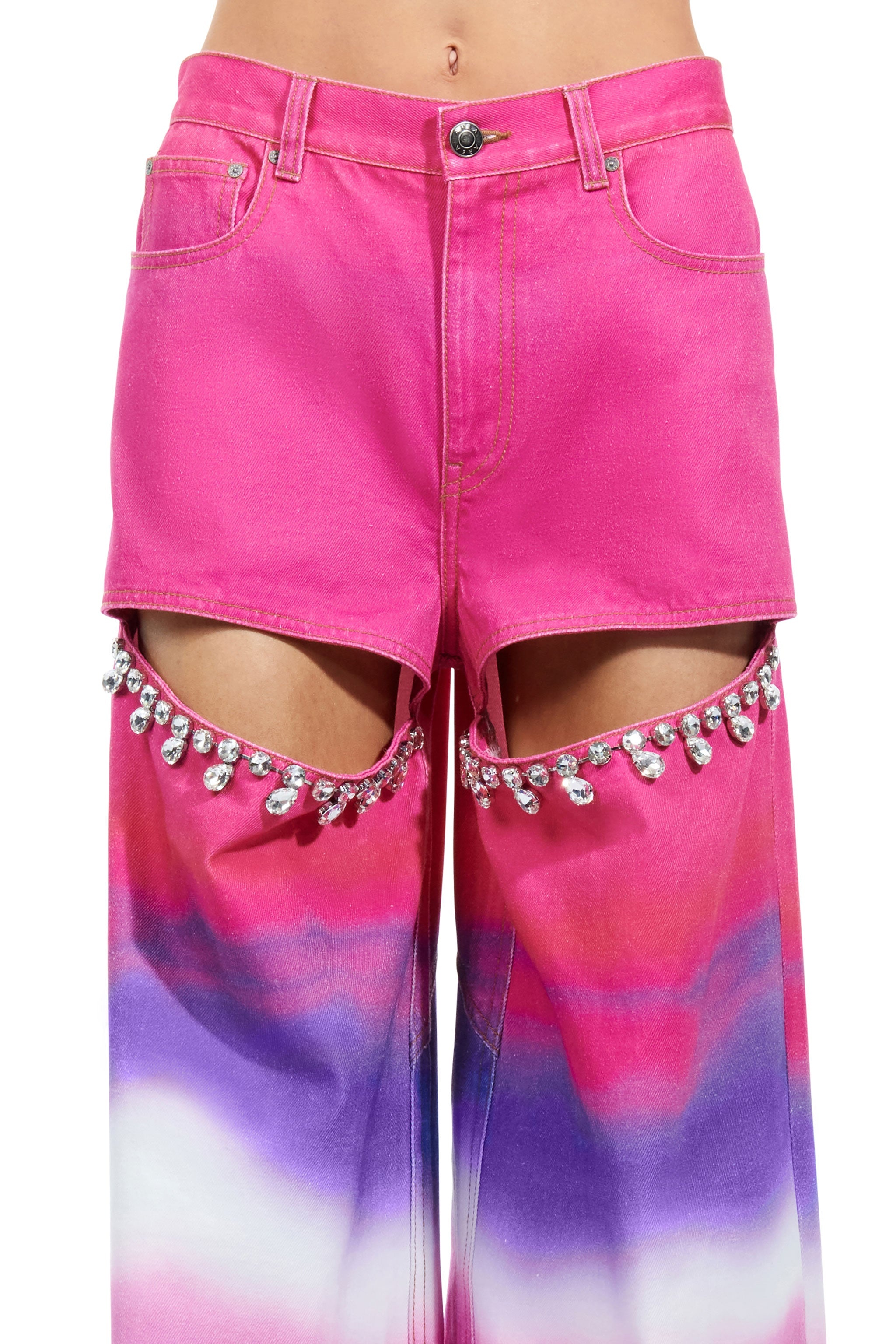 AREA Pink Crystal Slit Jeans