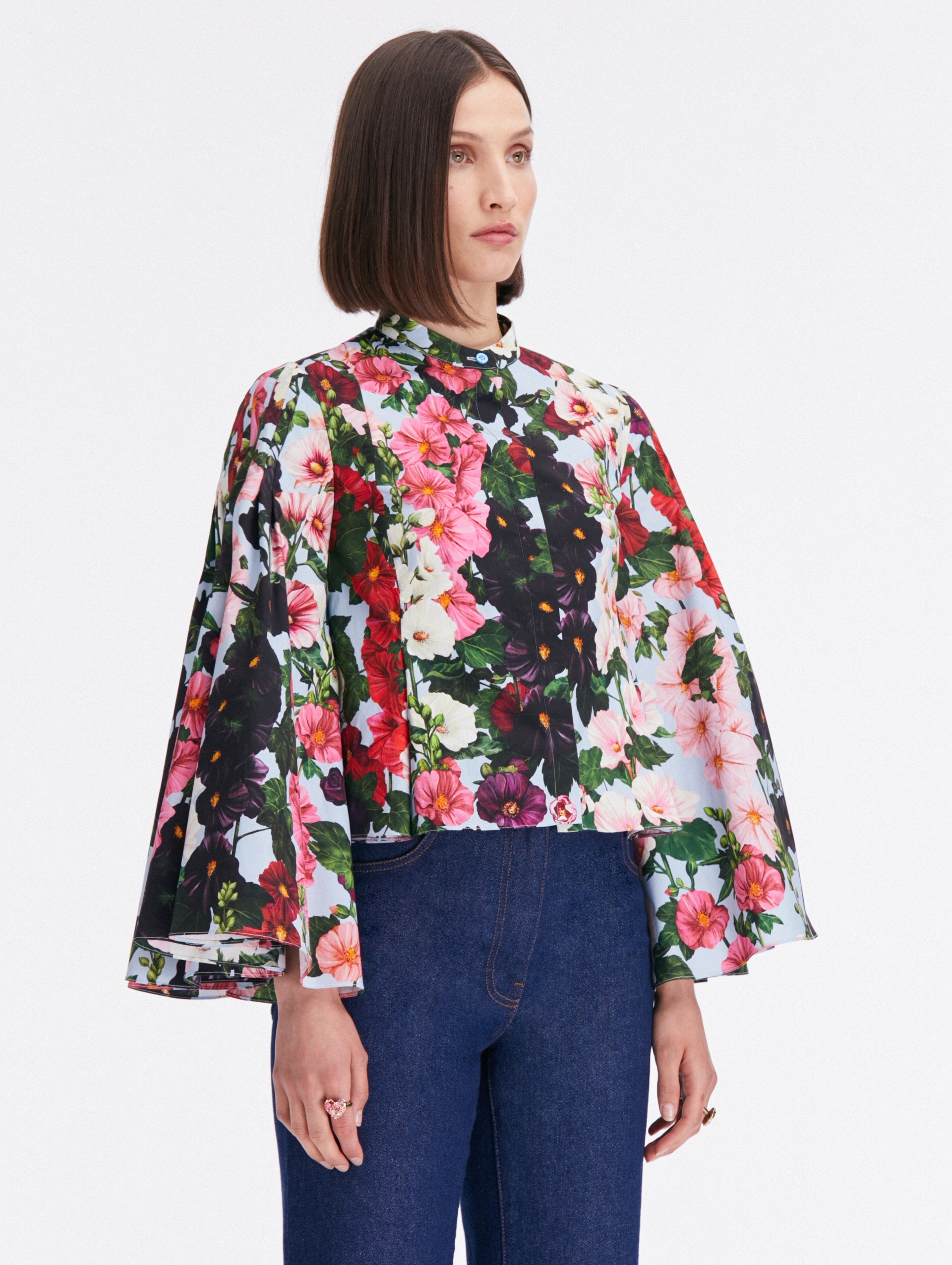 BELL SLEEVE HOLLYHOCKS COTTON POPLIN BLOUSE - 5