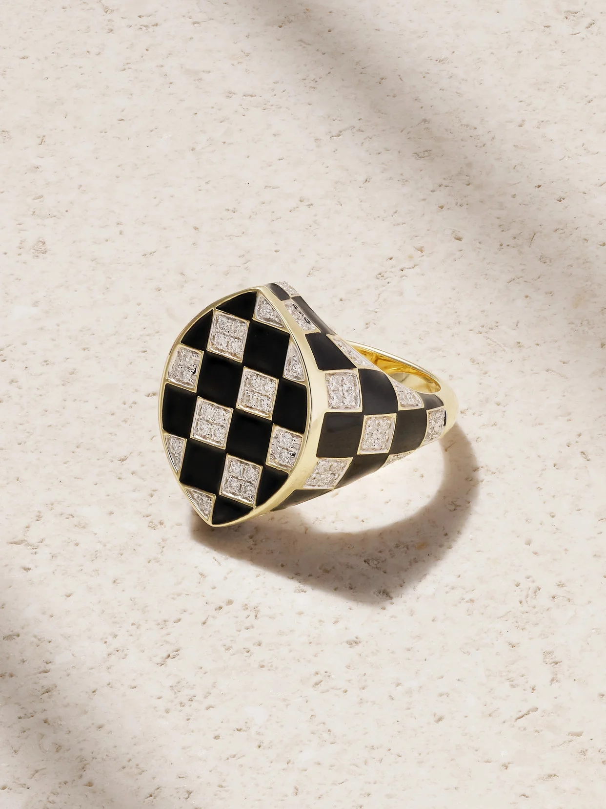 Chevalière Marquise Damier 9-karat Gold, Diamond And Enamel Ring - 1