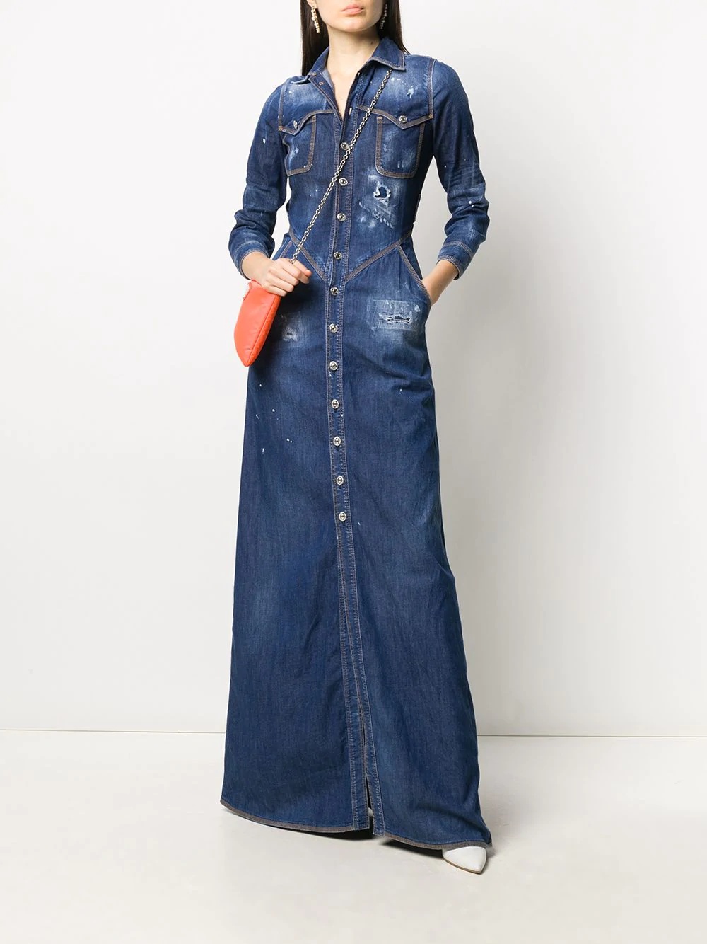 distressed long denim dress - 2