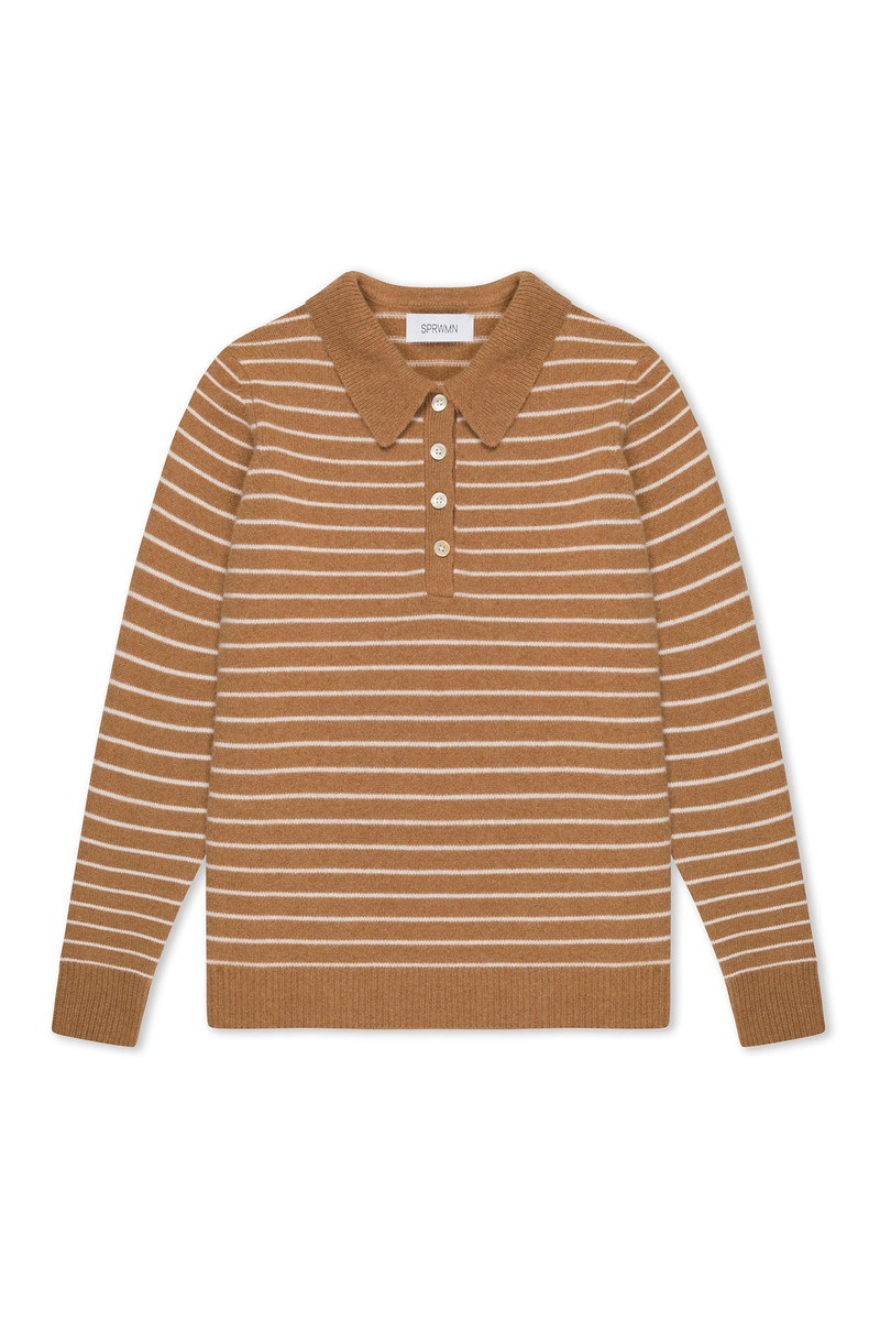 CAMEL STRIPE CASHMERE POLO SWEATER 5