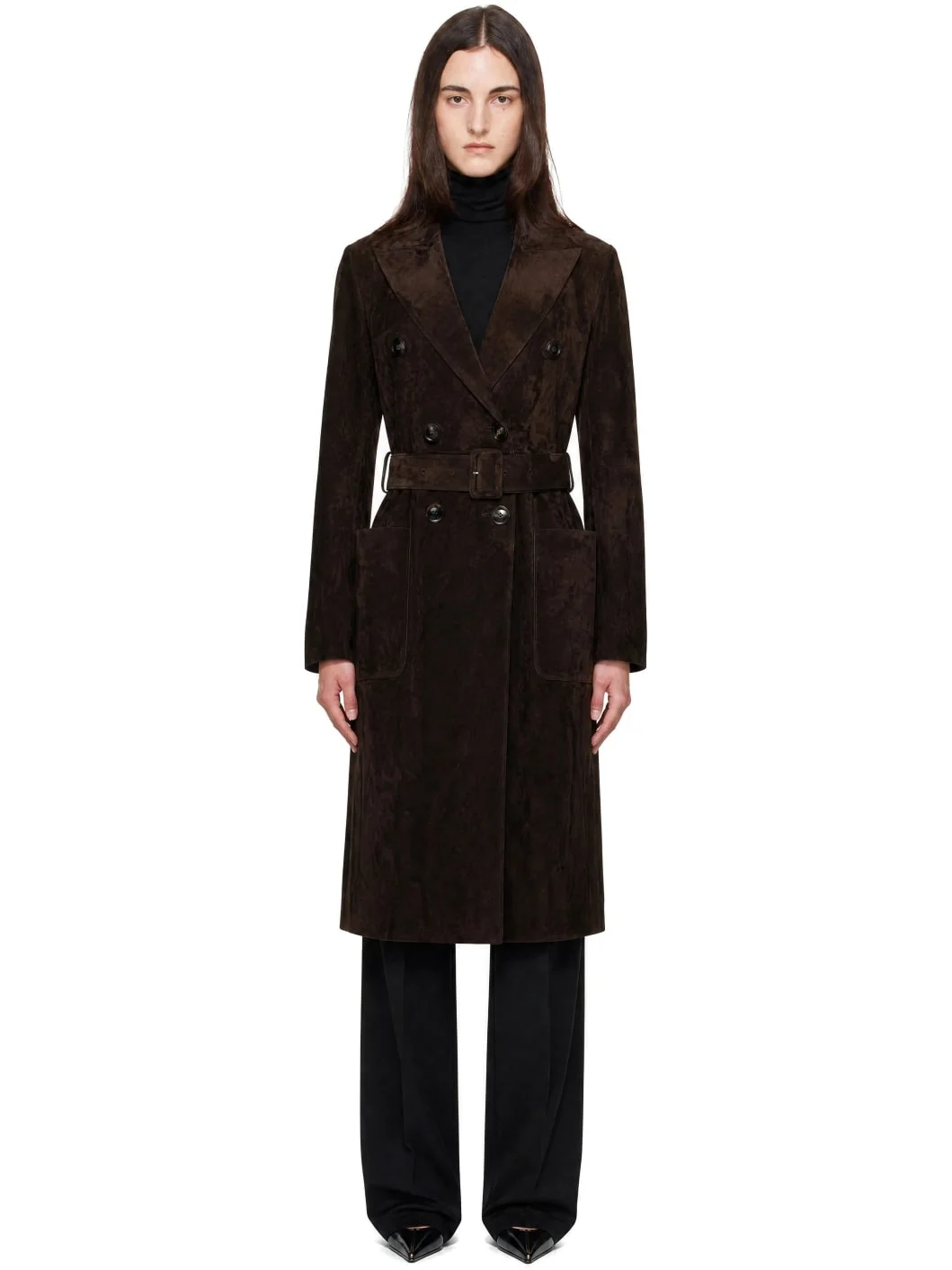 Brown Double-Breasted Belted Suede Coat - 1