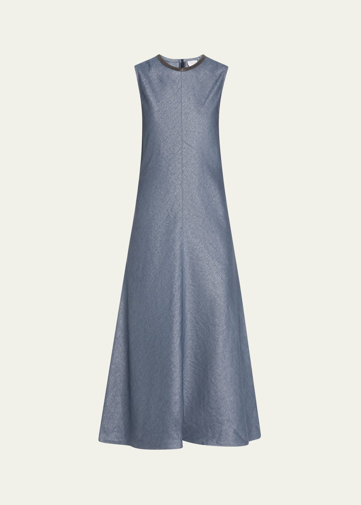 Shiny Long Linen Wool Twill A-Line Dress with Monili Neckline - 1
