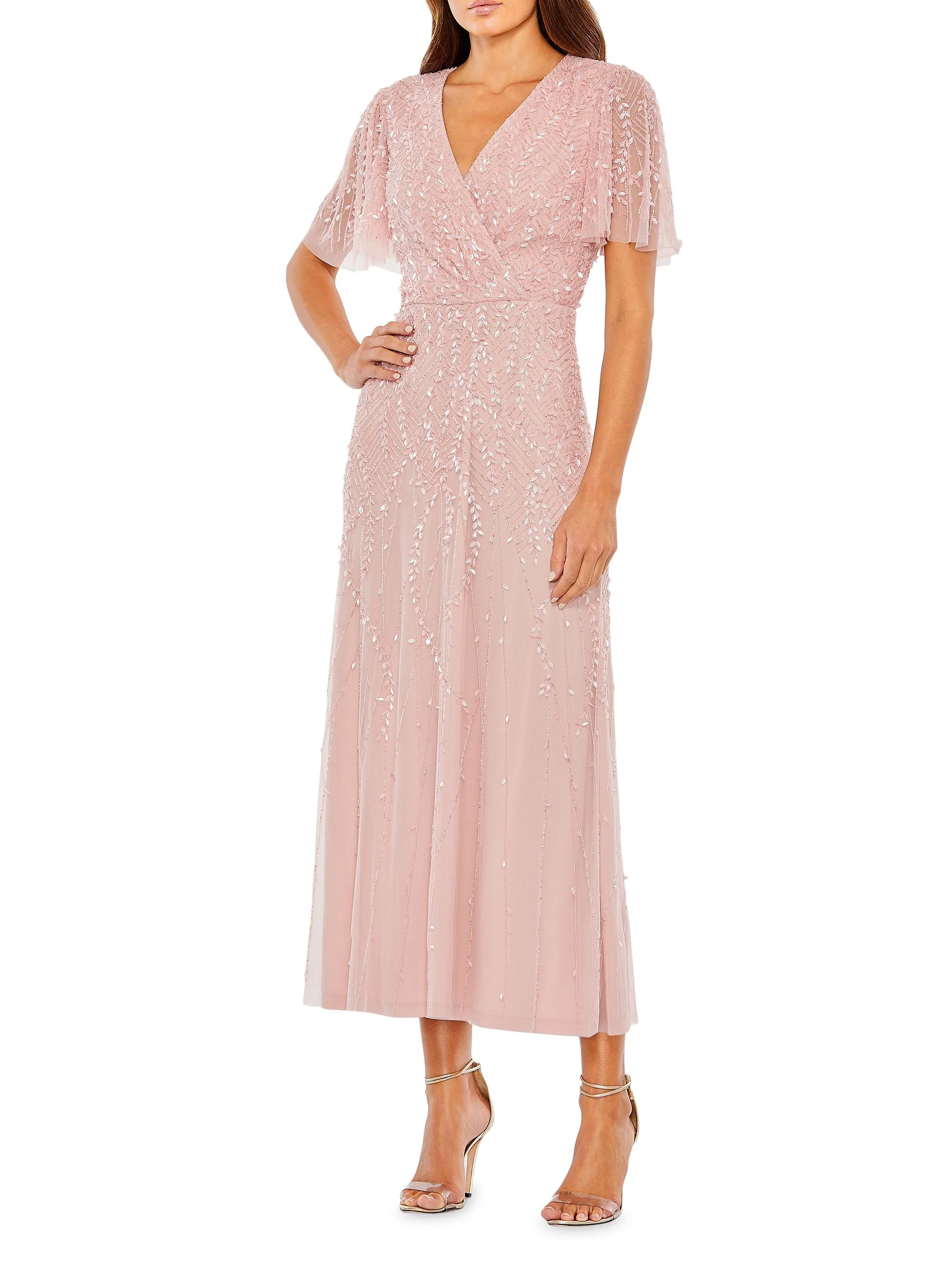 Women's Beaded Sheath Short-Sleeve Midi-Dress - Rose - 1