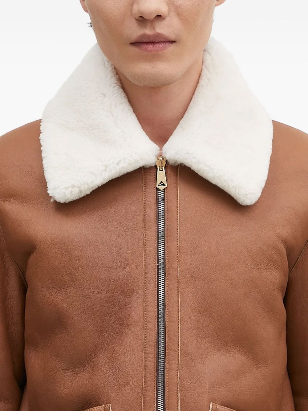 shearling-collared leather jacket - 4