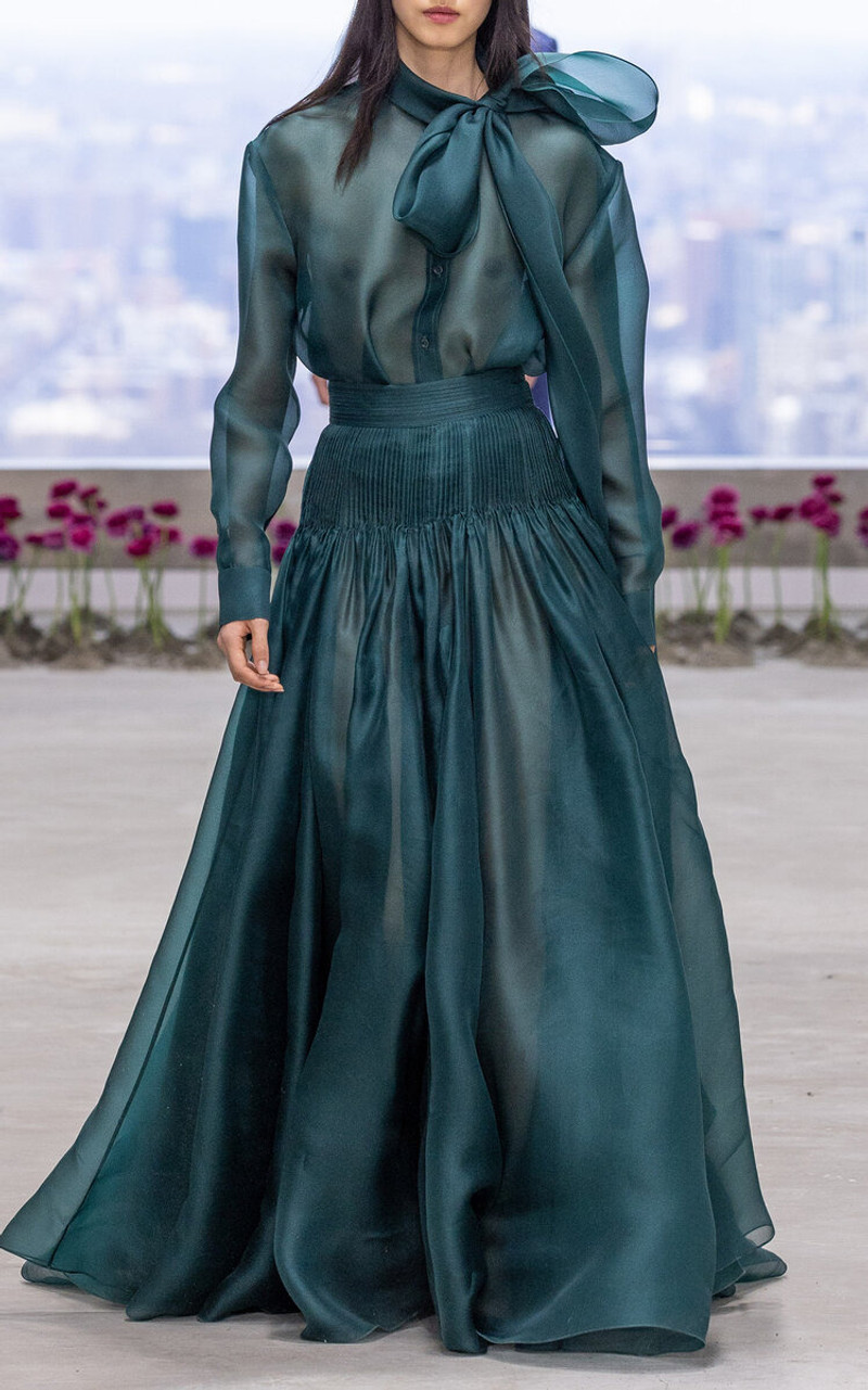 CAROLINA HERRERA Pintucked Silk Maxi Skirt dark green outlook