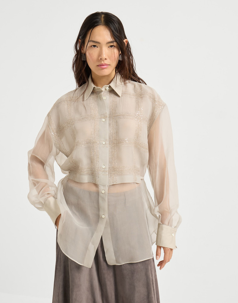 Crispy silk layered shirt with dazzling checks embroidery 1