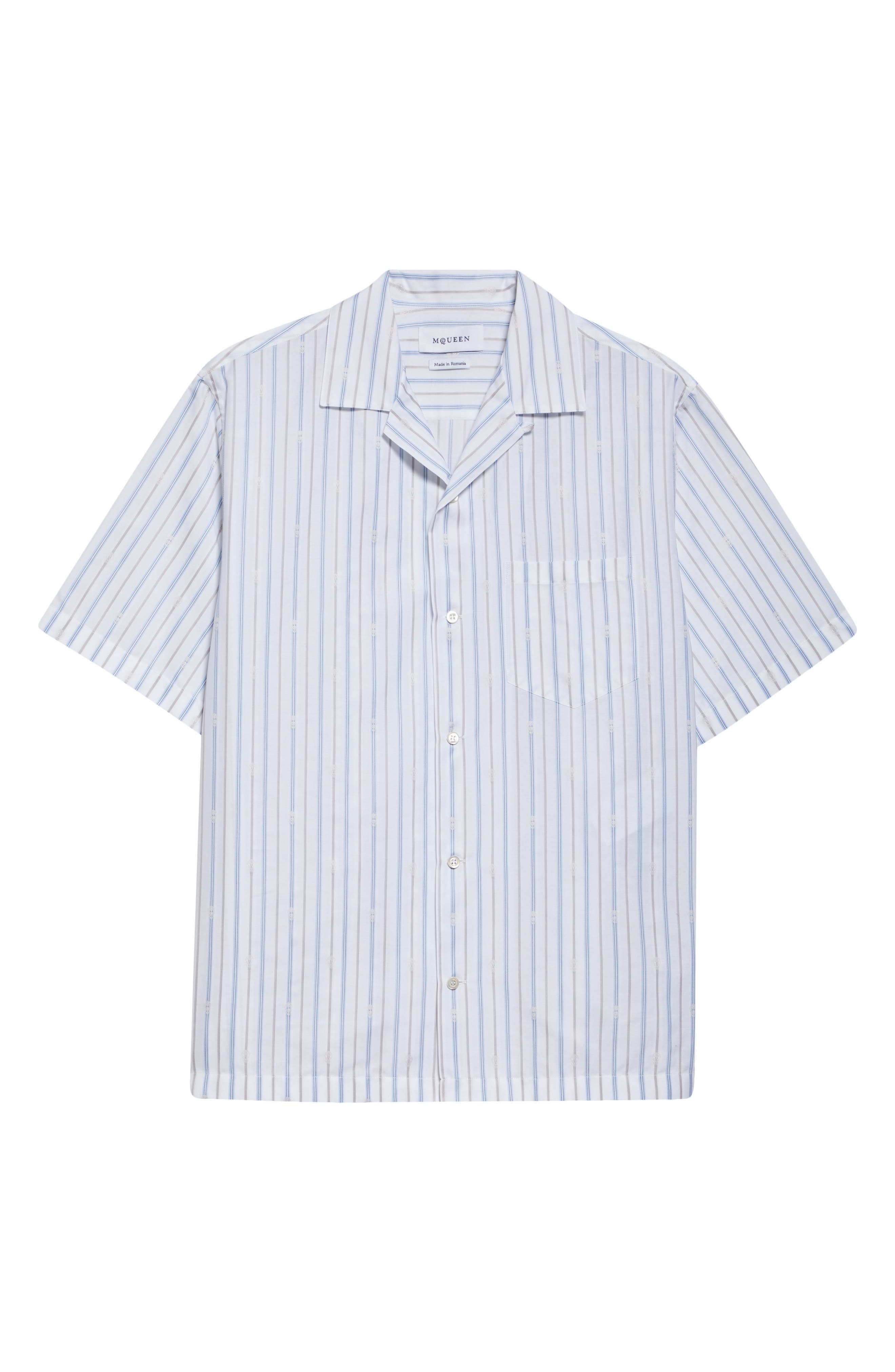 McQueen Skull Stripe Camp Shirt in White-Blue-Grey at Nordstrom - 5