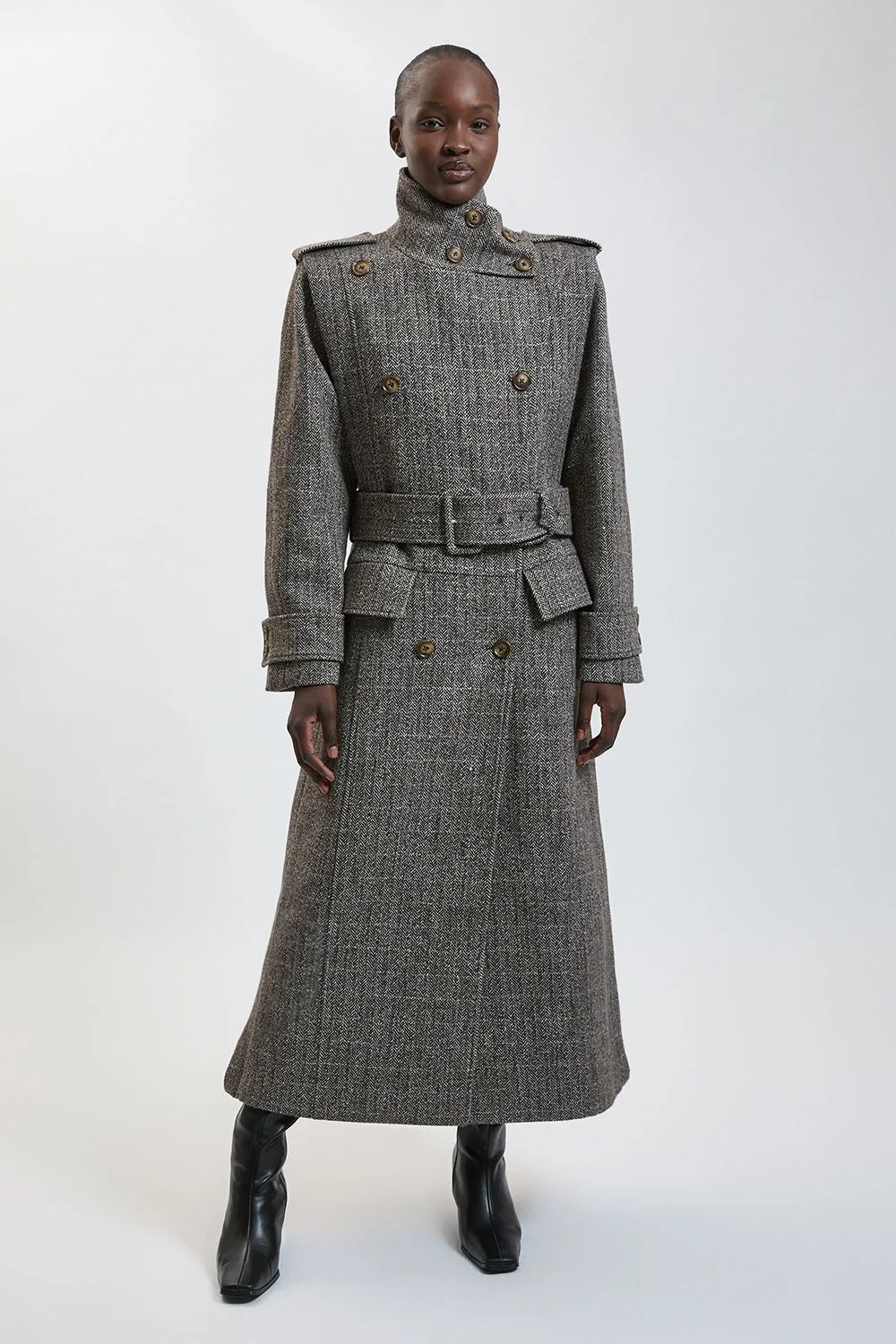 Sparkle Wool Tweed Funnel Neck Tailored Maxi Coat - 1