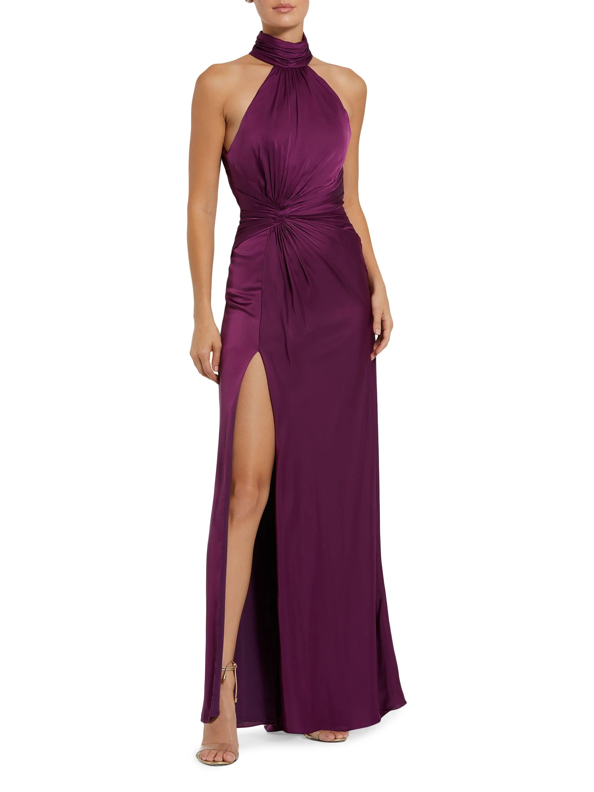 Women's Halterneck Open-Back Satin Gown - Plum - 1