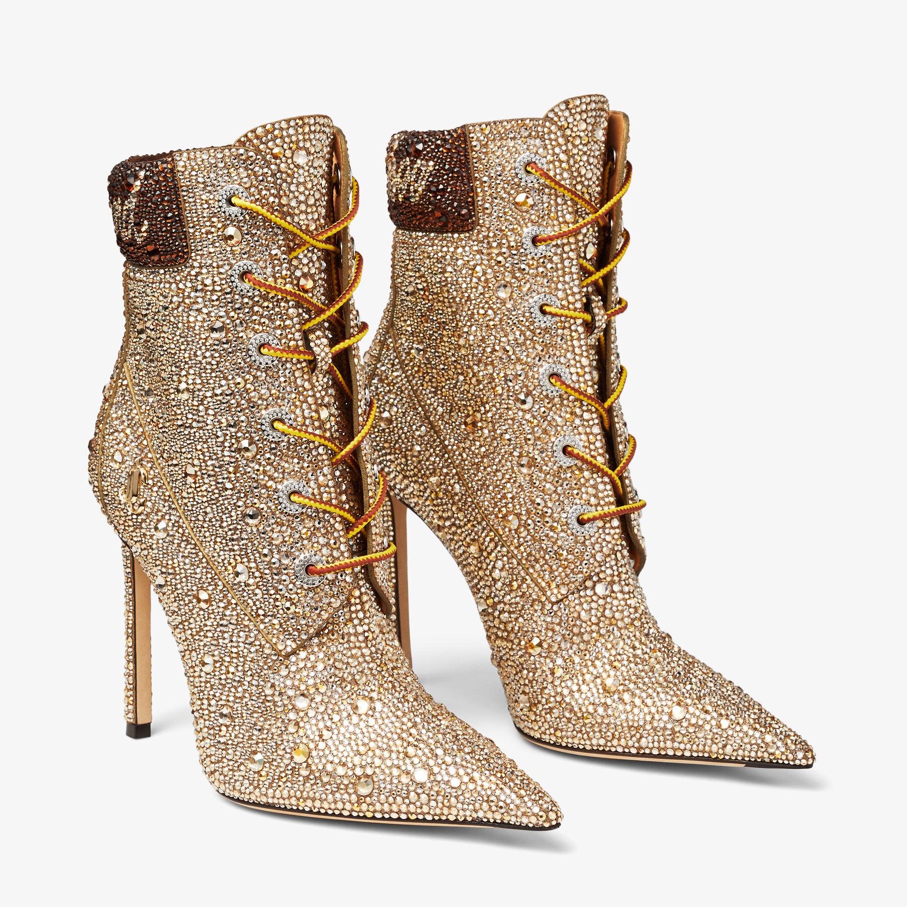 JIMMY CHOO X TIMBERLAND 6 INCH CRYSTAL BOOT
Gold Timberland Shimmer Suede Ankle Boots with Hotfix Cr - 3
