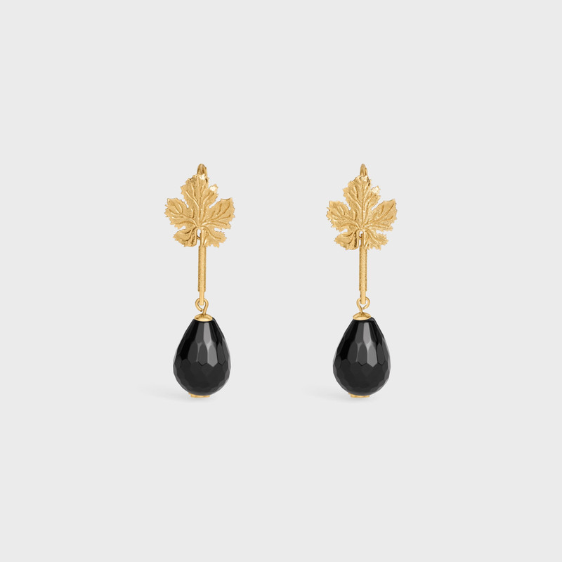 Green Thumb Leaf Earring in Onyx and Brass with Gold Finish 1